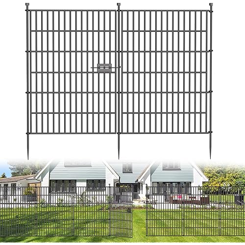 5 Panels No Dig Decorative Outdoor Garden Fence with Gate for Yard, 40 in(H) X 11.8 ft(L) Animal Barrier Fencing Rustproof Metal Wire Panel Border for Dog, Rabbits, and Patio Temporary Ground Stakes