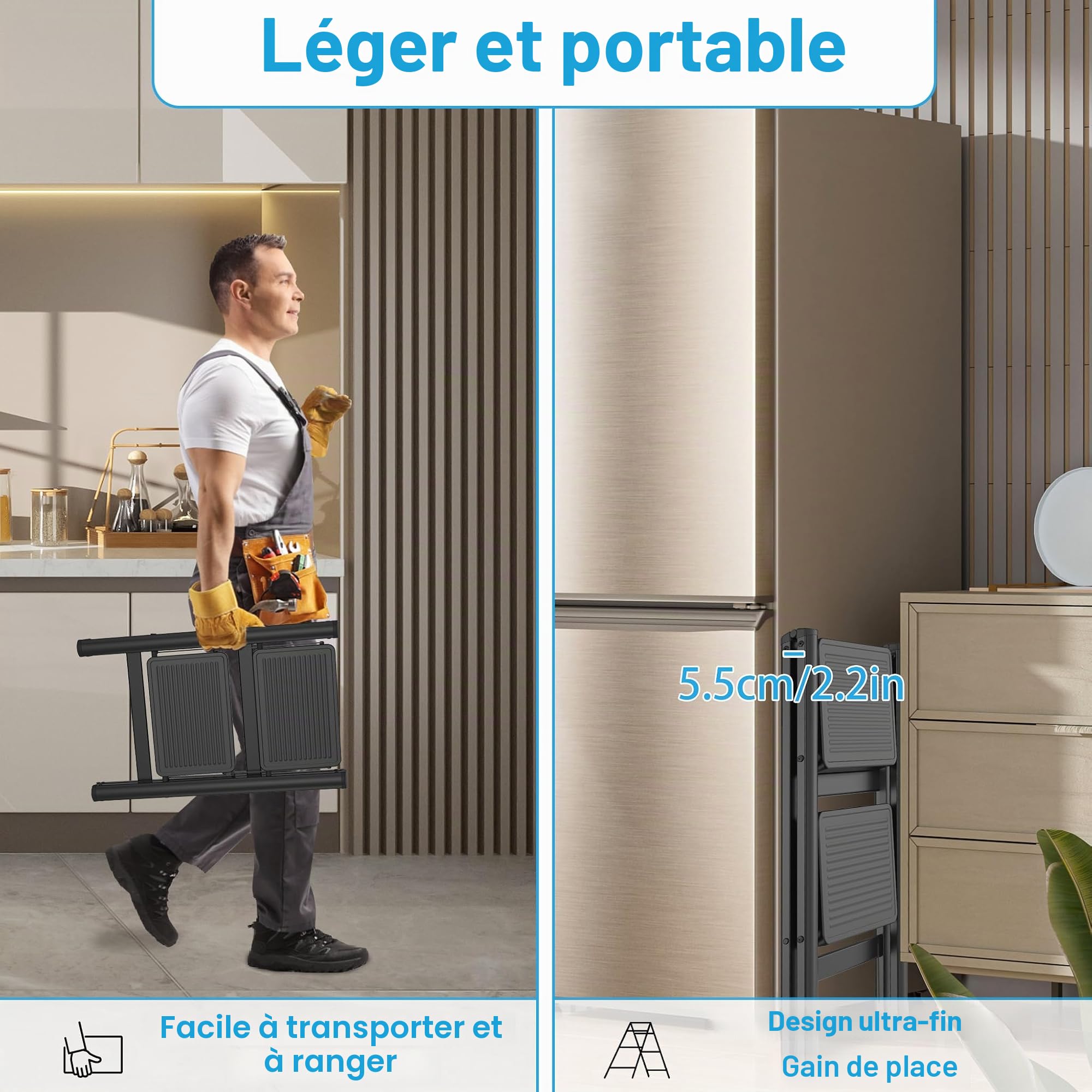 LZQ Escabeau 2 marches Pliable Tritthocker avec Pédale Large Escabeau Pliable antidérapant Échelle de sécurité Échelle Pliable jusqu'à 270 kg Charge maximale Échelle pliante pour la maison et la