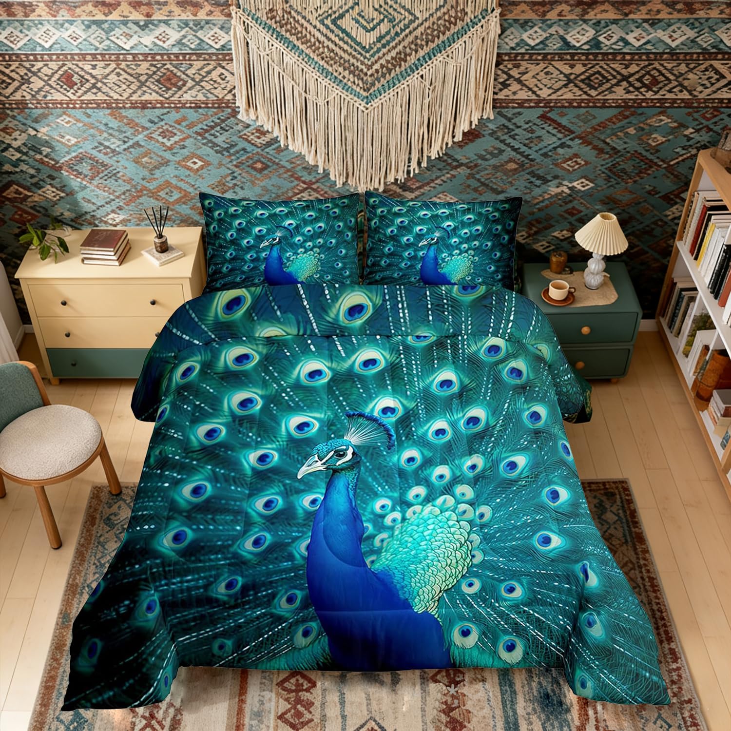 Erosebridal Peacock Bedding Set Queen Size Teal Cute Animal Pattern Comforter Set Peacock Feather Printed Decor Duvet Filler Adult Women Soft Quilted