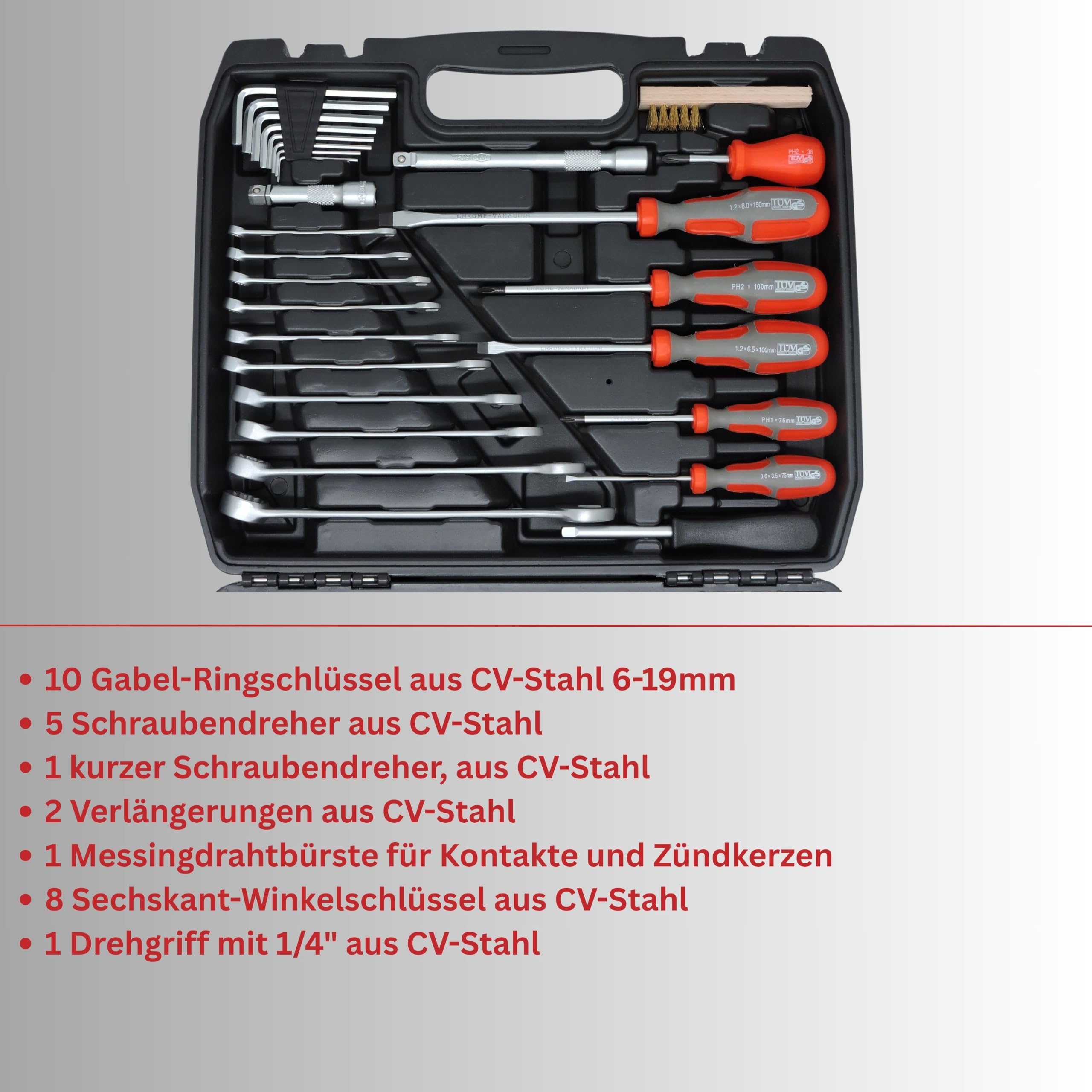 FAMEX 144-50 Werkzeugkoffer gefüllt bestückt mit hochwertigem Werkzeug Set - mit Steckschlüsselsatz, alle Schraubwerkzeuge Chrom-Vanadium, kompakt, ideal als Bordkoffer für Kfz Wohnmobil Camper