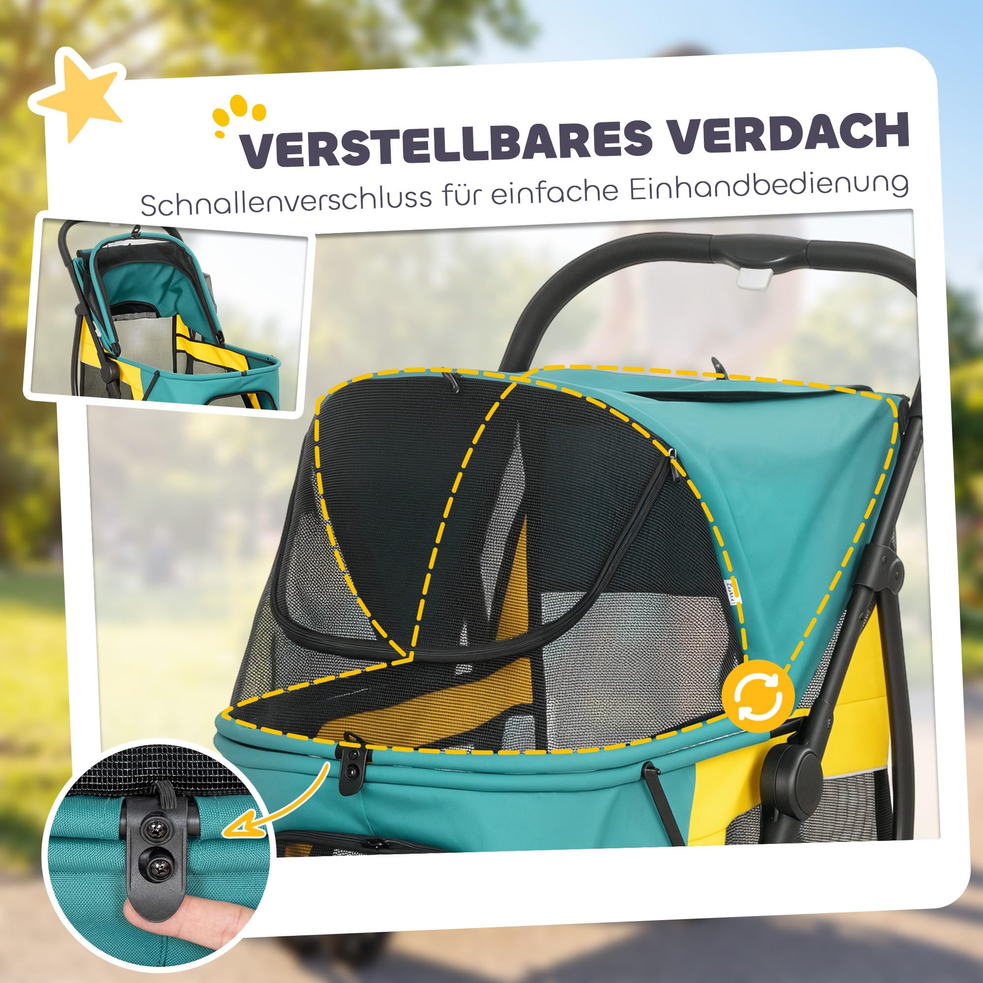 PawHut Hundewagen Hundebuggy Faltbar Katzenwagen bis 20 kg mit waschbarem Kissen, Netzfenstern, 3 Räder, Tür, Rückentasche, Haustierbuggy für kleine mittelgroße Hunde, Dunkelgrün