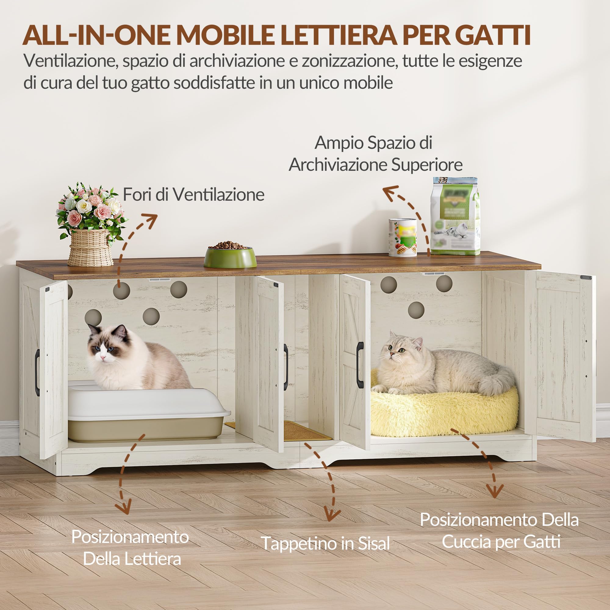 Mobile Lettiera per Gatti per 2 Gatti, Mobiletto per Lettiera Nascosta, Cuccia per Gatto da Interno, Legno Tavolino Laterale con Tappetino Graffiante, 140 x 50 x 55 cm, Marrone e Bianco