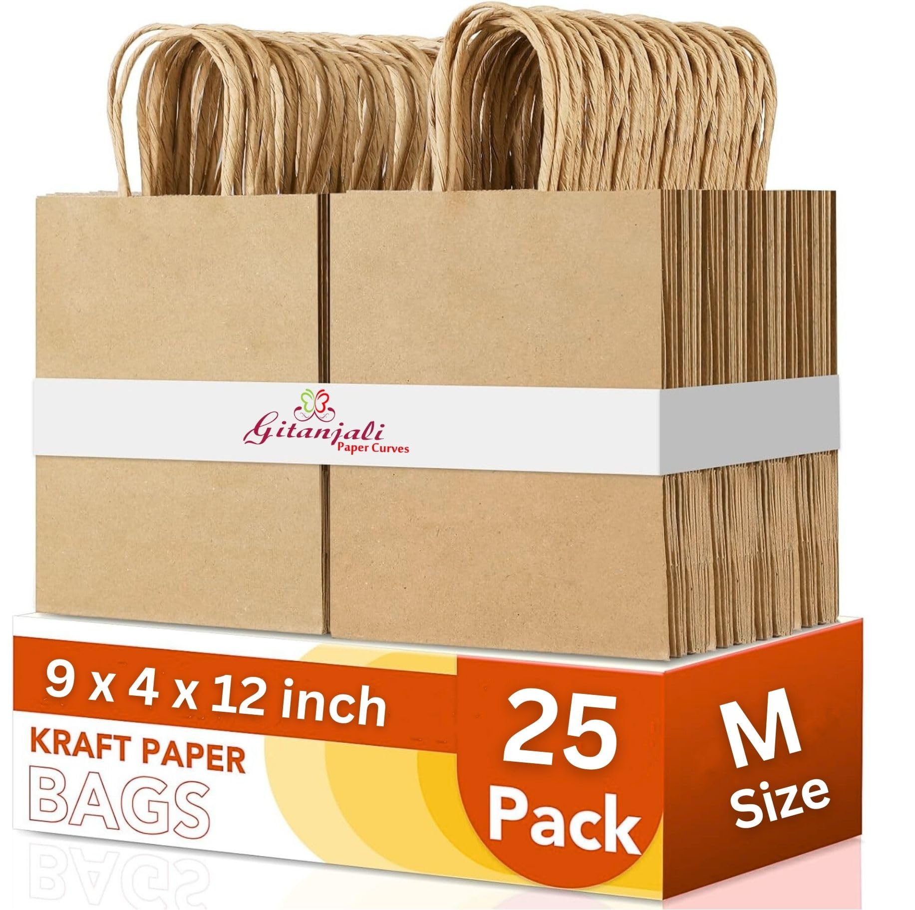 Gitanjali Paper Curves- Brown Paper Bags 9x12x4 inch 25pcs -Medium Shopping Grocery Retail Craft Paper Carry Bags, Return Gift Bag, Disposable Kraft Paper Covers (9x12x4 in Brown, Pack of 25)