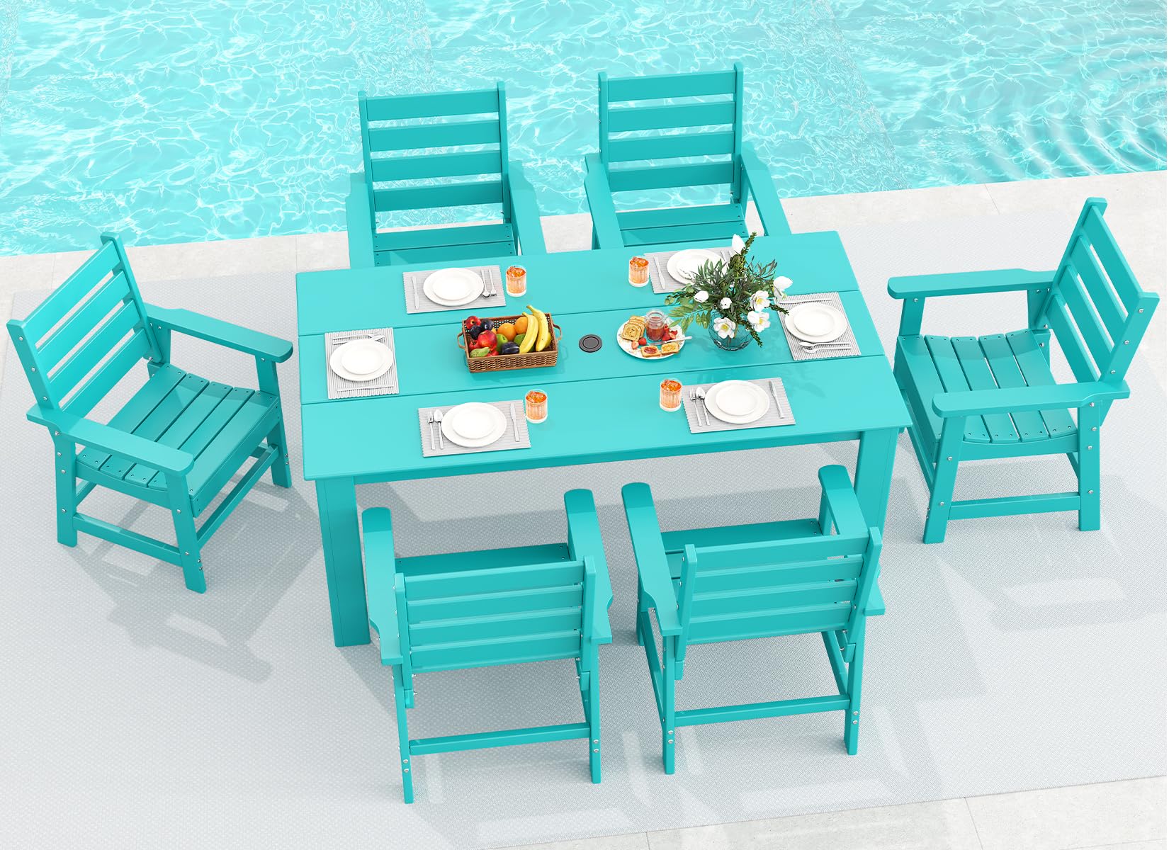GREENVINES 7-piece Outdoor Dining Set, HDPE Table &amp; 6 Chairs, Aqua