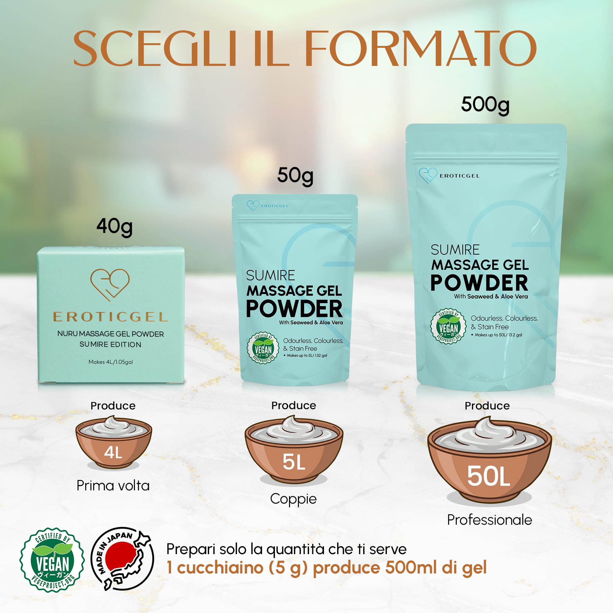Polvere Gel da Massaggio Nuru Edizione Sumire 500g, Alga Nori e Aloe Vera, Uso Professionale, Stile Giapponese, Vegano, Senza Profumo, Base Acqua, Resa fino a 50 Litri