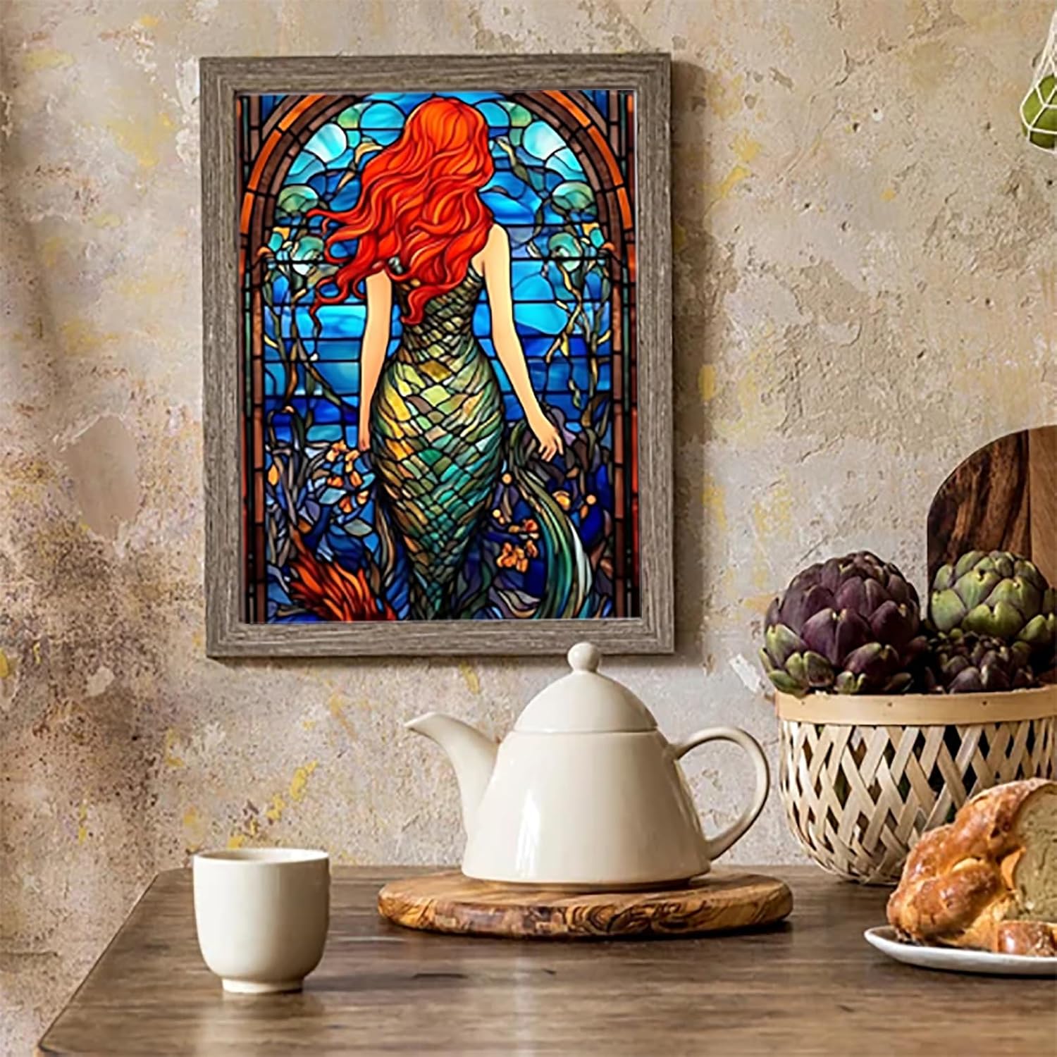 Beautiful Art Mermaid Stained Glass Diamond Painting Kits for Adults Beauty Mermaid Diamond Painting, Fine Full Drill Crystal Rhinestone Craft KitsGem Art Paint Home Wall Decor 12x16 inch