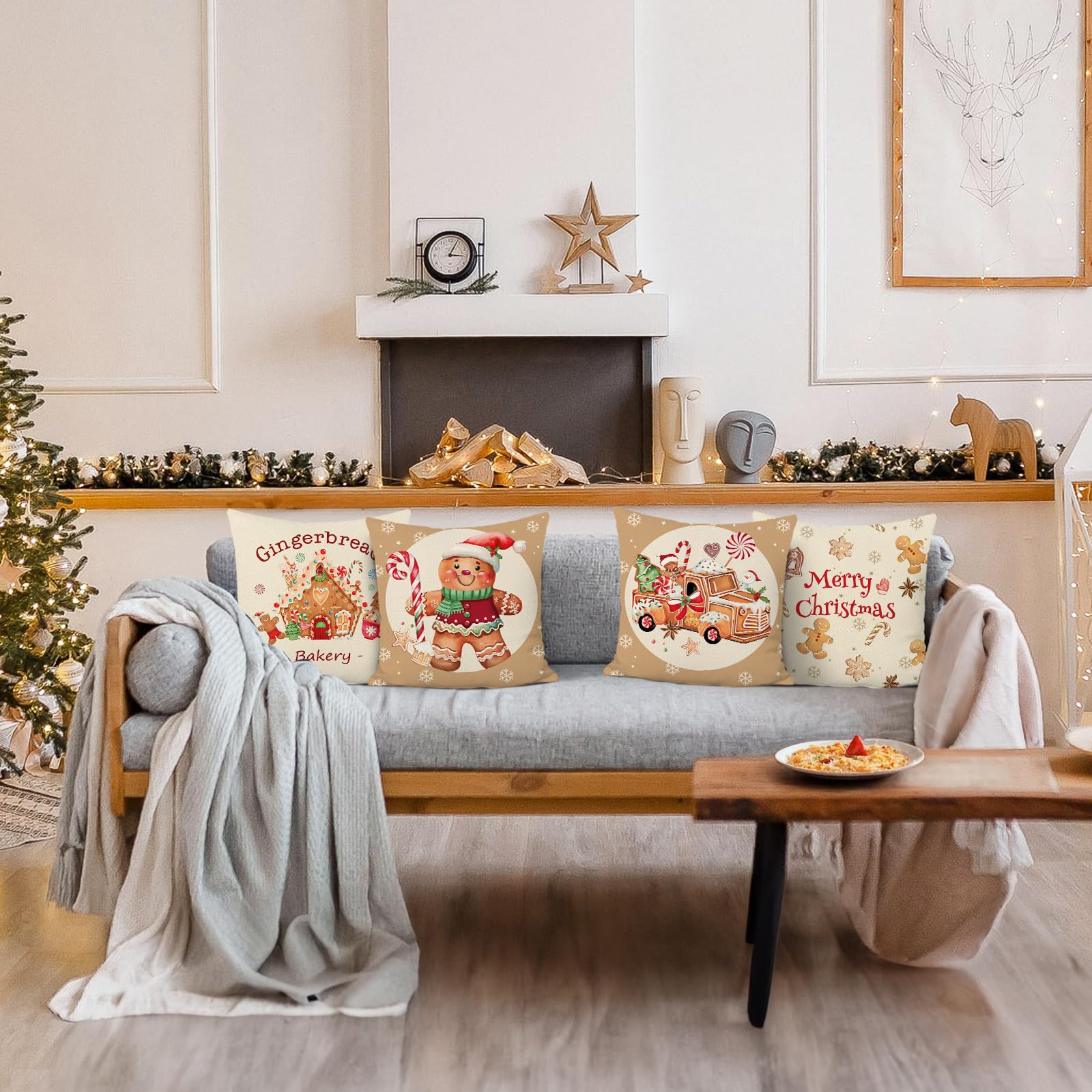 2 Housses De Coussin Velours – Motif Bonhomme En Pain D’Épices – Déco Noël – 50x30 Cm – Lavable