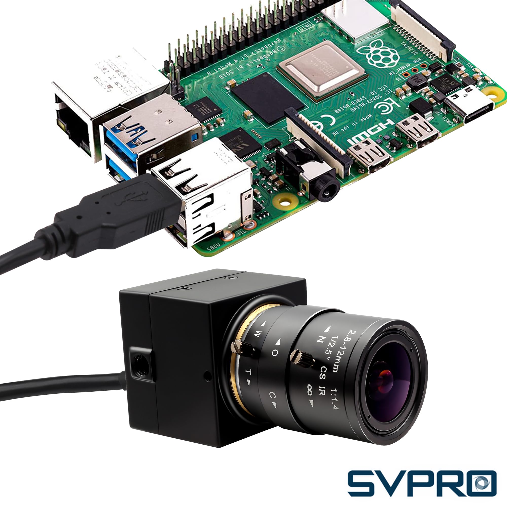 Svpro Webcamera USB 5 MP, 30 fps, obiettivo zoom 2,8-12 mm, IMX335, per monitoraggio macchina, a bassa luce, PC, laptop, UVC Plug-in Webcam per Windows, MacOS, Linux