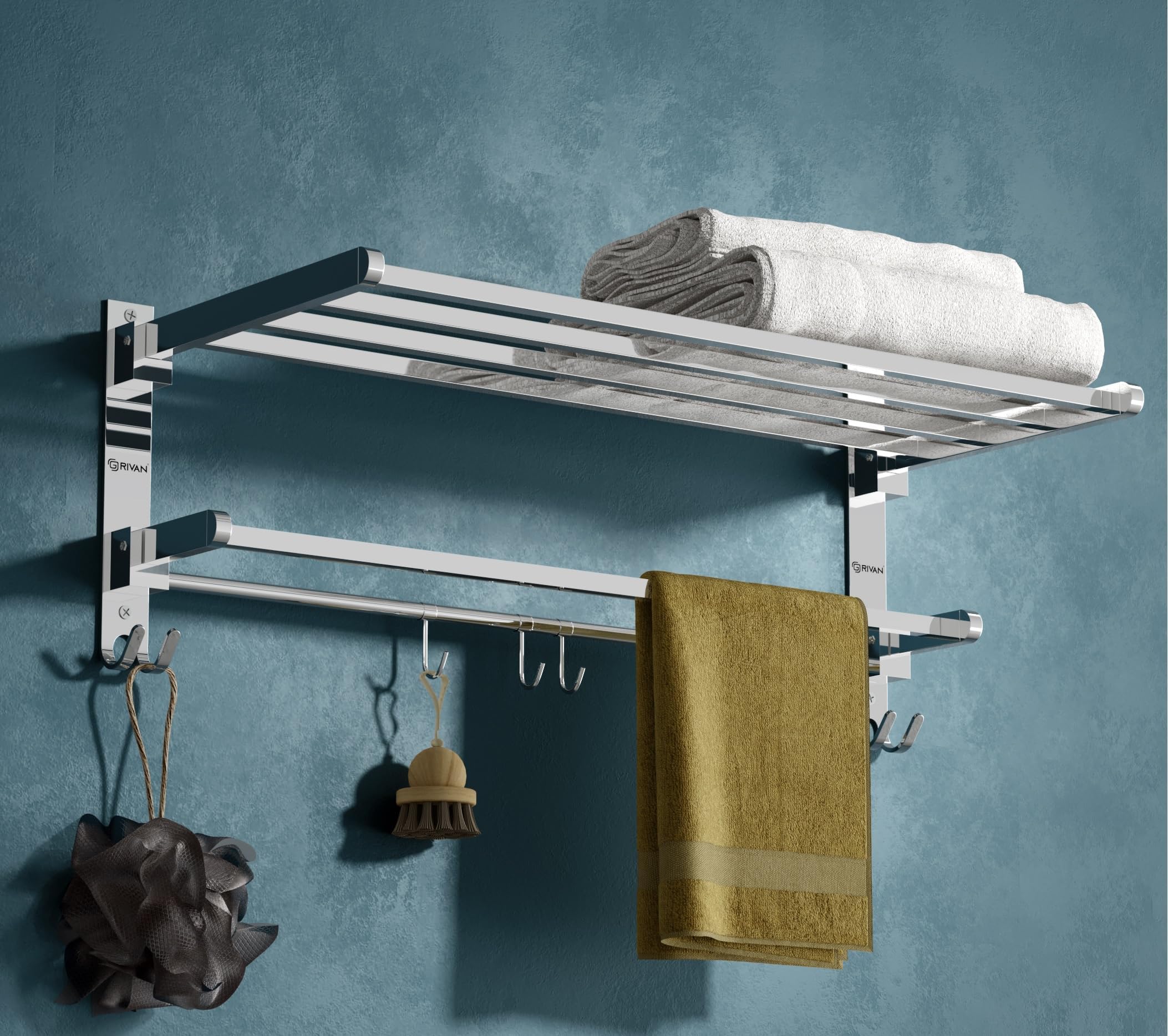FORTUNE Platinum Stainless Steel Folding Towel Rack 2 feet Long with Chrome Finish for Bathroom ...