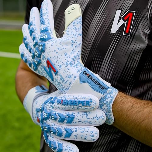 Miniatura 3 de Orion - Guantes de portero de nivel profesional blanco y azul para adultos y jóvenes, guantes de portero de fútbol GK, látex de contacto de 0.138