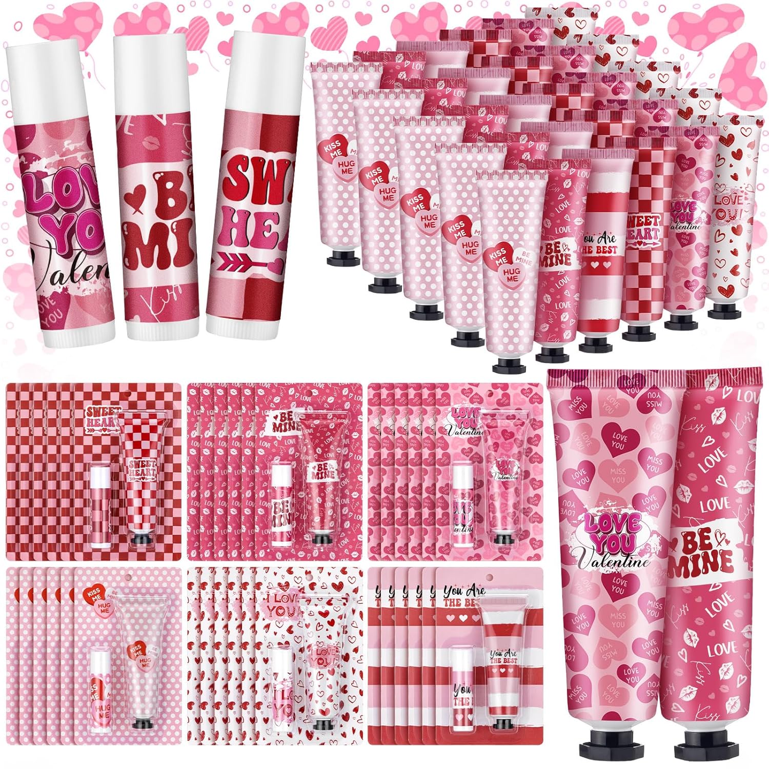 Loopeer 24 Sets Valentine's Day Hand Cream Lip Balm Gifts Bulk Galentine's Day Gift Valentine Party Favor Moisturizing Heart Hand Lotion Bulk Mini Dry Cracked Care Cream for Women Teacher Coworker