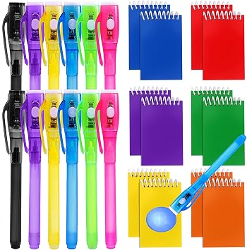 Invisible Ink Pen and Notebook, Clear Disappearing Ink Pen with UV Light, Set of 12 for Kids Party Favors
