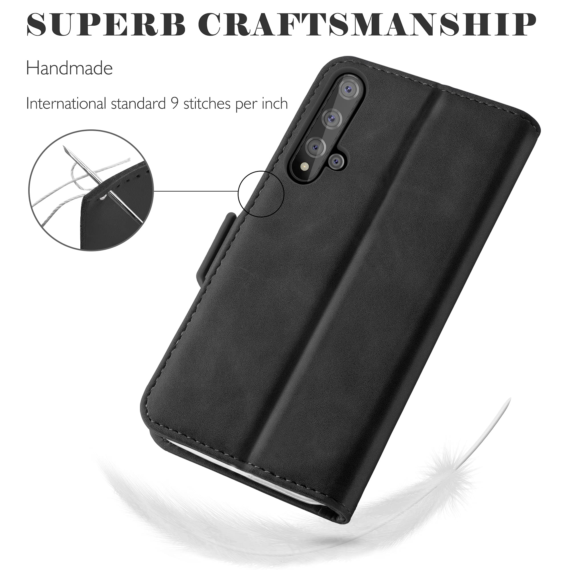 YATWIN Cover A Libro Per Huawei Nova 5T / Honor 20 – Portafoglio Con Blocco RFID E Supporto – Custodia In Pelle Sintetica Nero