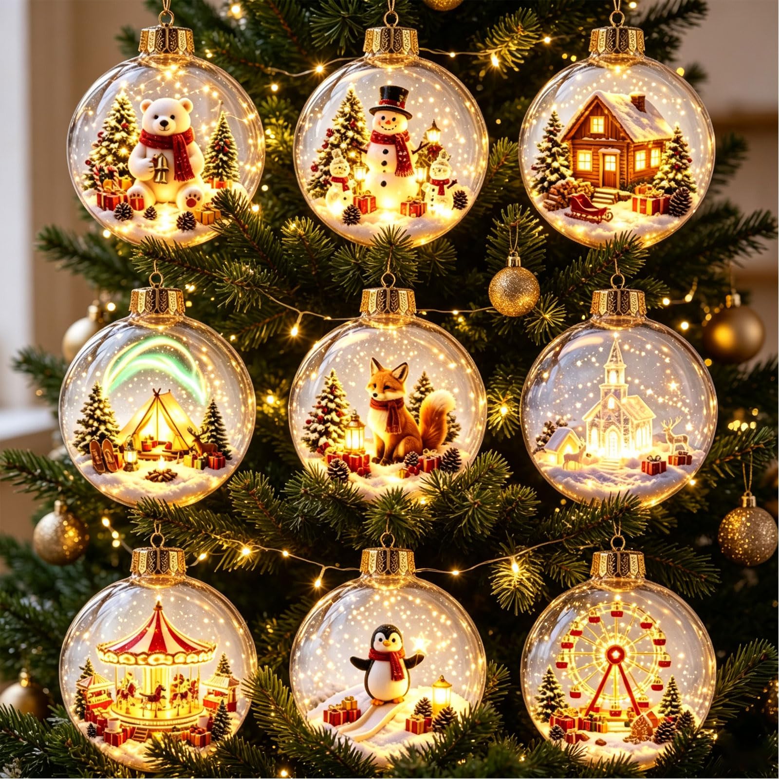 9pcs Glowing Christmas Story Ornament, Light-up Mini Holiday Scene