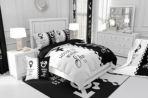 Miniatura 4 de Funda de edredón de matrimonio para parejas, funda de edredón de corazones amorosos, tamaño King, Home Is Where She Is House Is Where He Is, juego