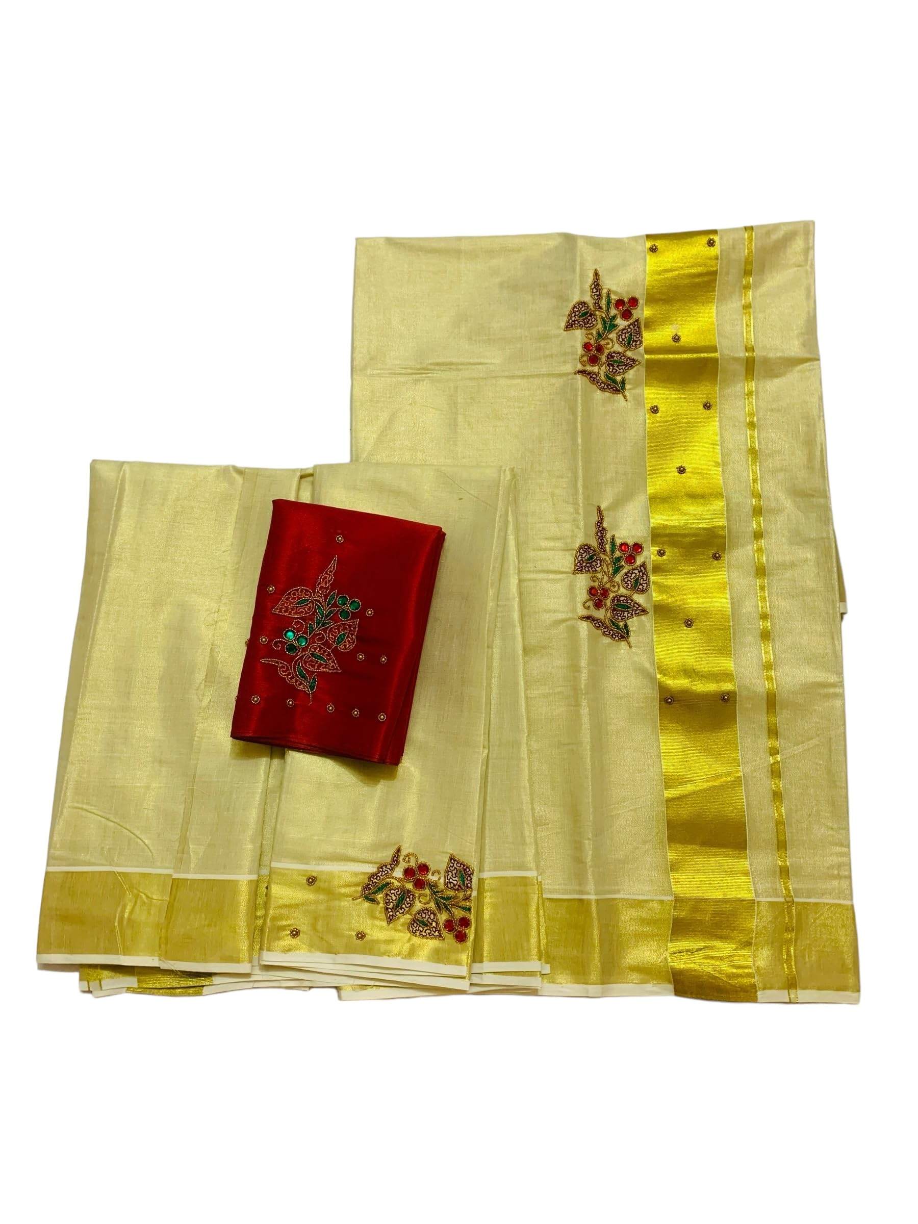 alluvy Kuthampully Kerala Women's Kasavu set Mundu | Golden Tissue Handcrafted Palakka Set Mundu With Running Blouse | Traditional Women Designer Set Mundu | KTM-839, Pack 1-picture-23