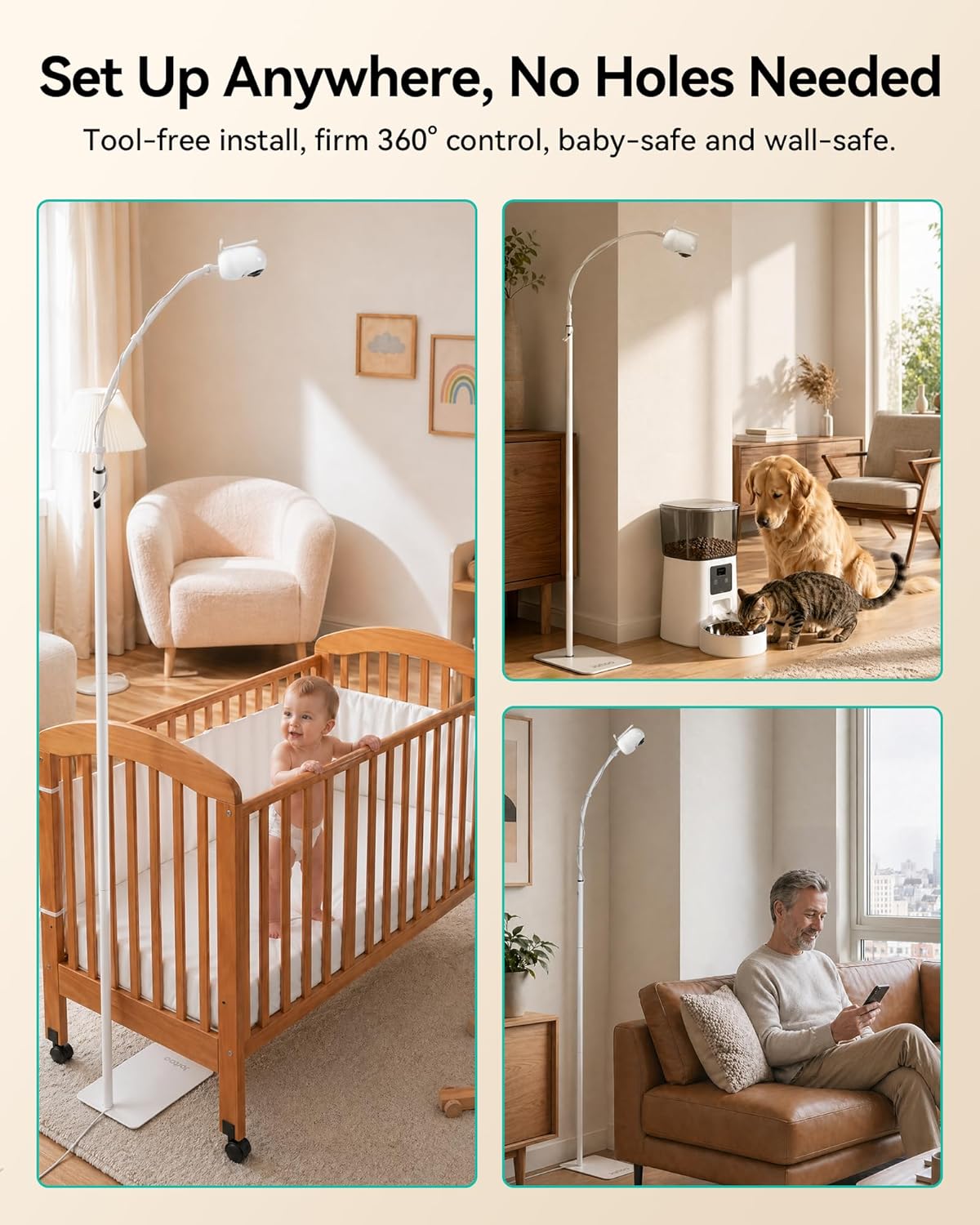 Jartoo Baby Monitor Floor Stand Holder Mount Compatible for HelloBaby HB65/HB40/HB6560/HB6339/HB6550 Pro, Momcozy, Nanit, VAVA, Adjustable Height & Stable Base, No Tools or Wall Damage