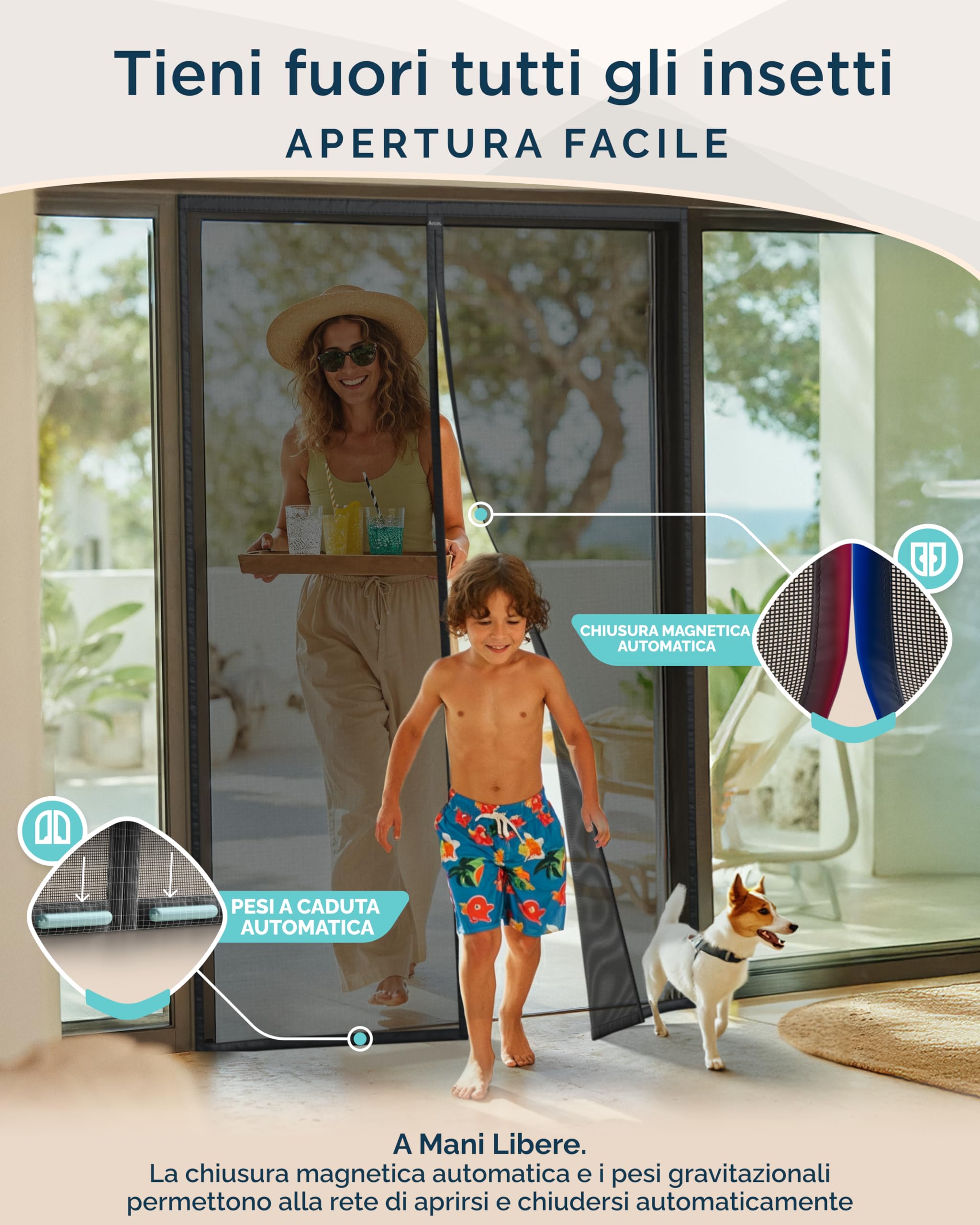 ARCOL Zanzariera Magnetica 120x240 cm Premium in Fibra di Vetro - Stop Zanzare in 3 Min., Rete Ultra-Fine Anti-Insetti, Chiusura Automatica con Magneti & Pesi, Nastro a Strappo Extra-Largo (Nero)