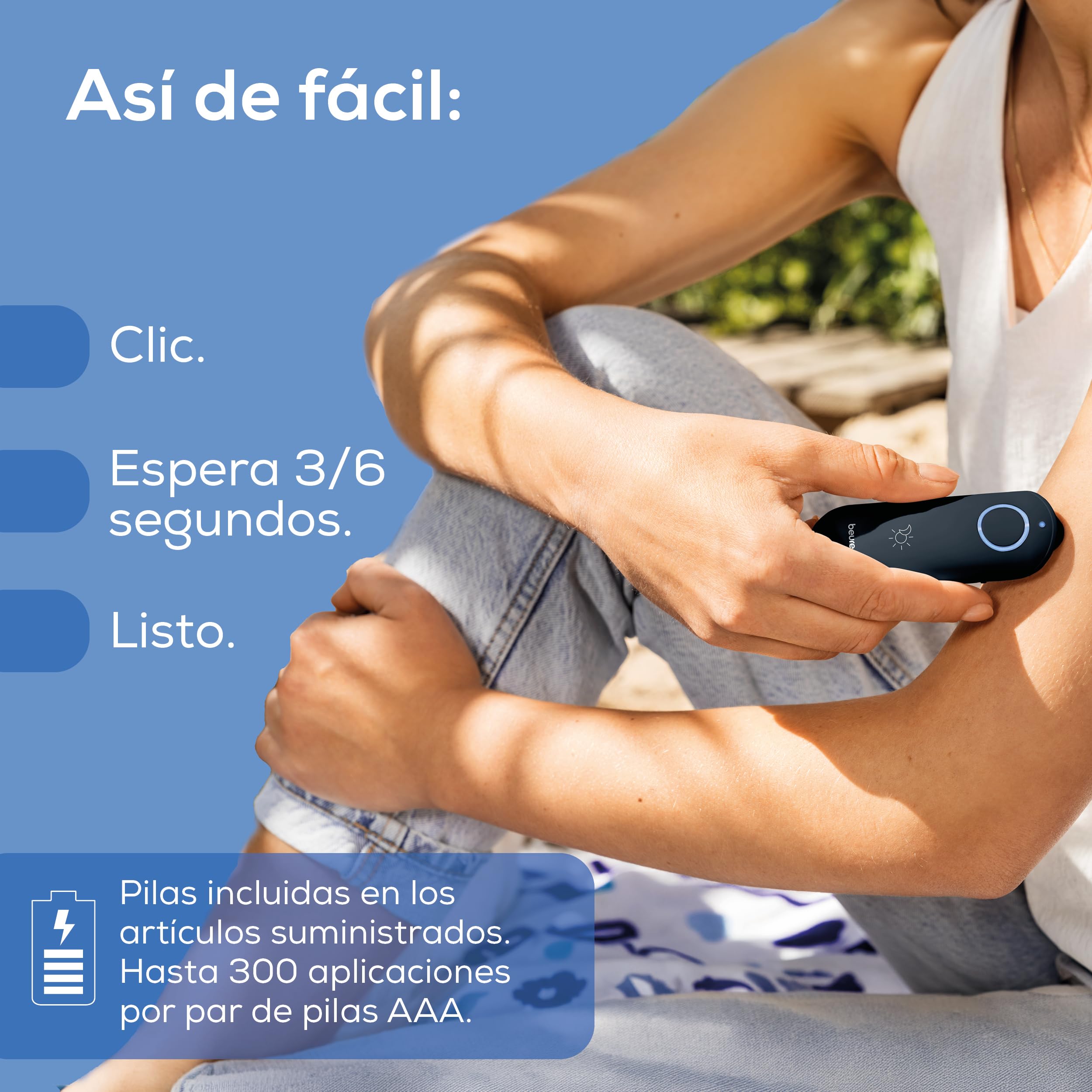 Beurer BiteX Day&Night BR 90 Aparato contra picaduras de insectos, dispositivo térmico electrónico para tratar picaduras y mordeduras de insectos, con luz para uso en la oscuridad, gadget de viaje.