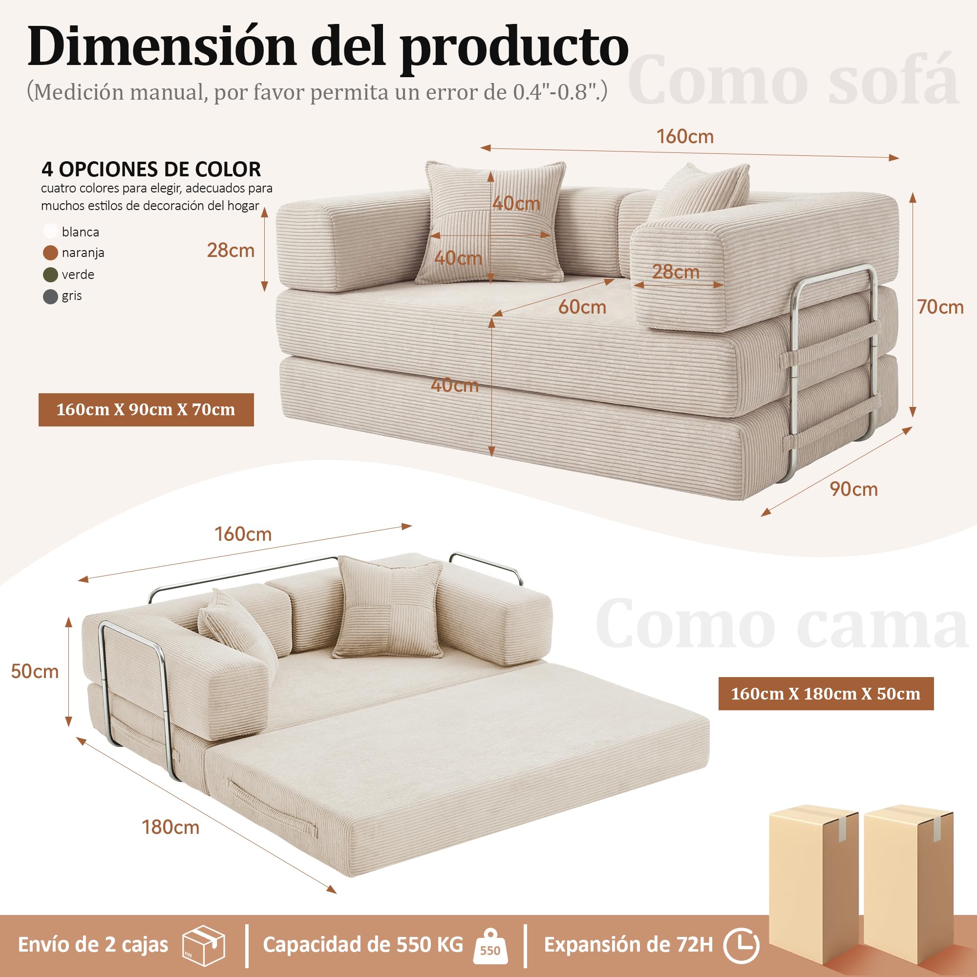 Vipbear Sofá Cama de Suelo 160cm,Plegable de Boneless de 2 plazas,Blanco | Desmontable,Plegable 5 en 1,Pana,Modular
