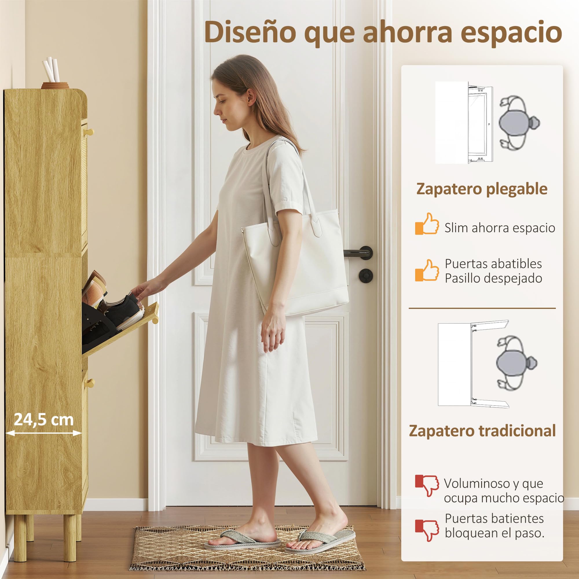 HOMCOM Zapatero Estrecho con 3 Cajones Abatibles, Zapatero de Recibidor Entrada con Estante Abierto, Patas de Madera, para 12-18 Pares de Zapatos, 65x24,5x153 cm, Roble