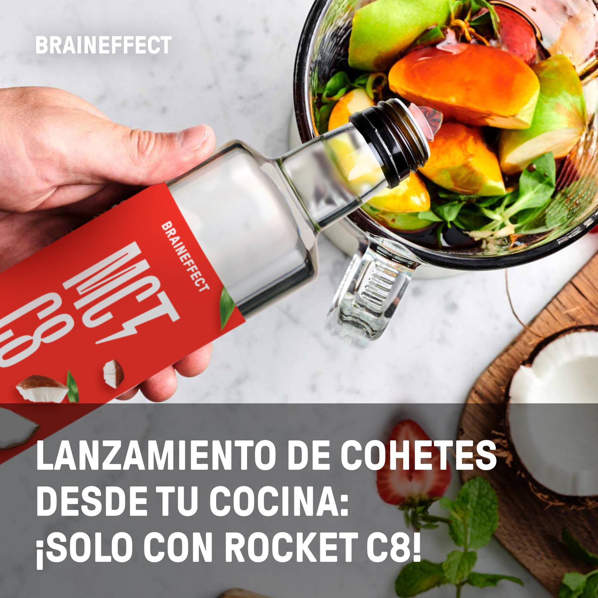 BRAINEFFECT Aceite MCT 100% C8 - Calidad alemana - Aceite C8 puro (sin C10) extracto de coco de primera calidad - 1000 ml - Botella metálica protectora