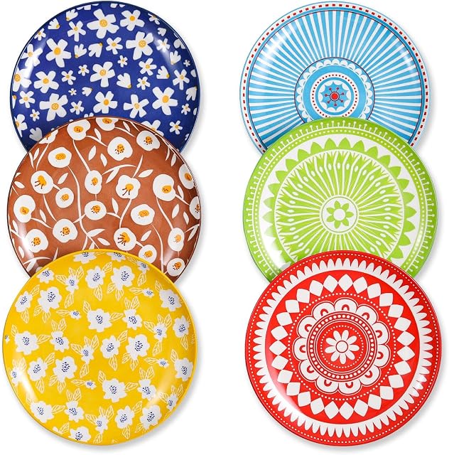 Ceramic Plate Set Salad Plates - 8 inch Colorful Dessert Plates Set of 6 - Porcelain Appetizer Plates - Flat Round Kitchen Plate for Serving Breakfast | Lunch | Dinner - Microwave Oven Dishwasher Safe