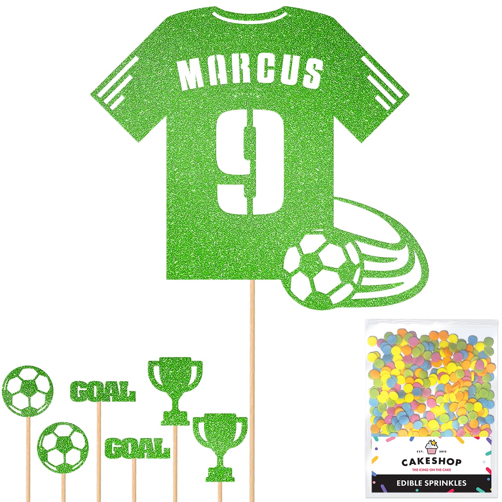 Personalised Birthday Football Kit Jersey Cake Topper- Green Any Name & Age Number Glitter Cake Decoration and Sprinkles - Happy Birthday Decorations - Personalised Toppers for Cakes by Cakeshop โ image 1