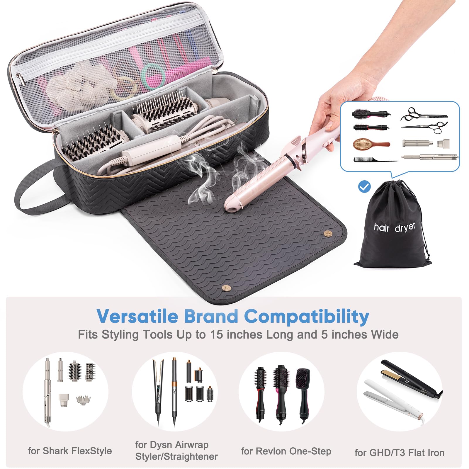 "ELCUPA 2-in-1 Reisetasche für Haarwerkzeuge mit hitzebeständiger Matte für Glätteisen, Glätteisen, Lockenstäbe und Haartrockner-Etui, kompatibel mit AC-Haartrockner