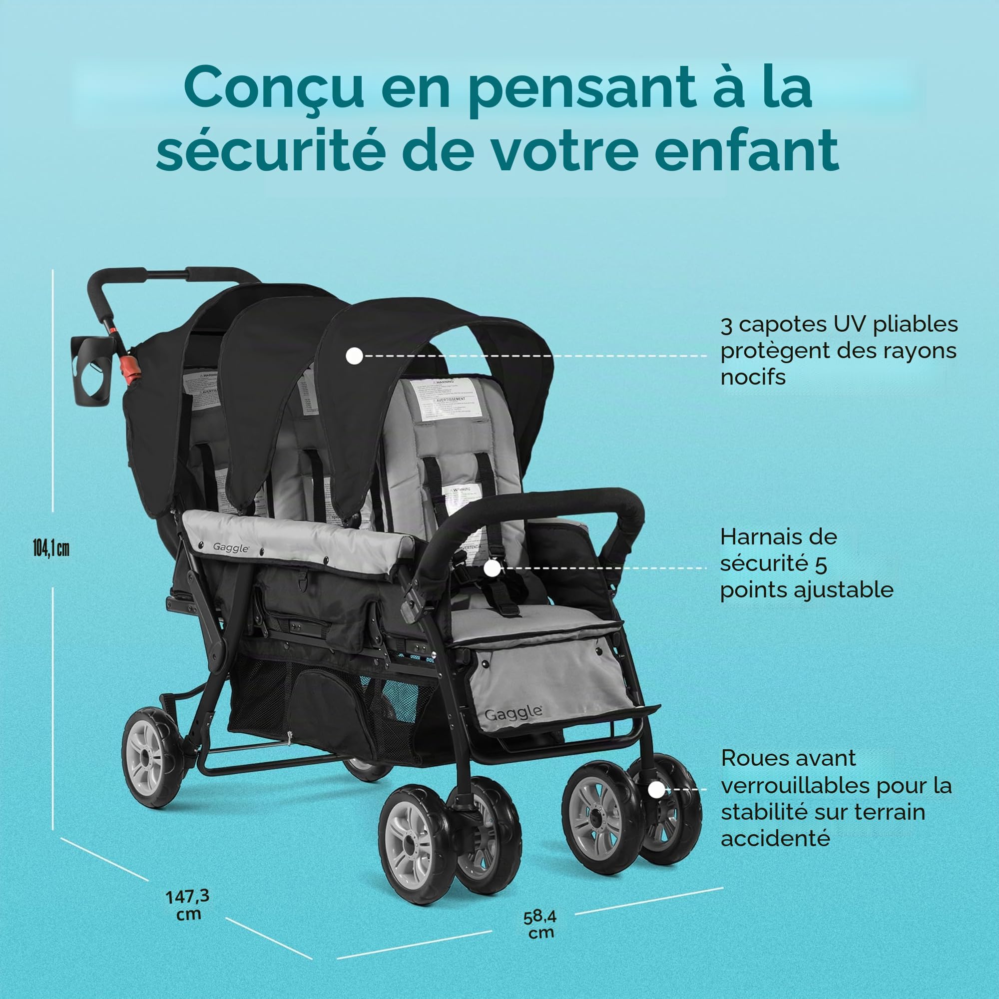 Gaggle Poussette triple Compass 3 places pour bébé et 2 tout-petits, noire