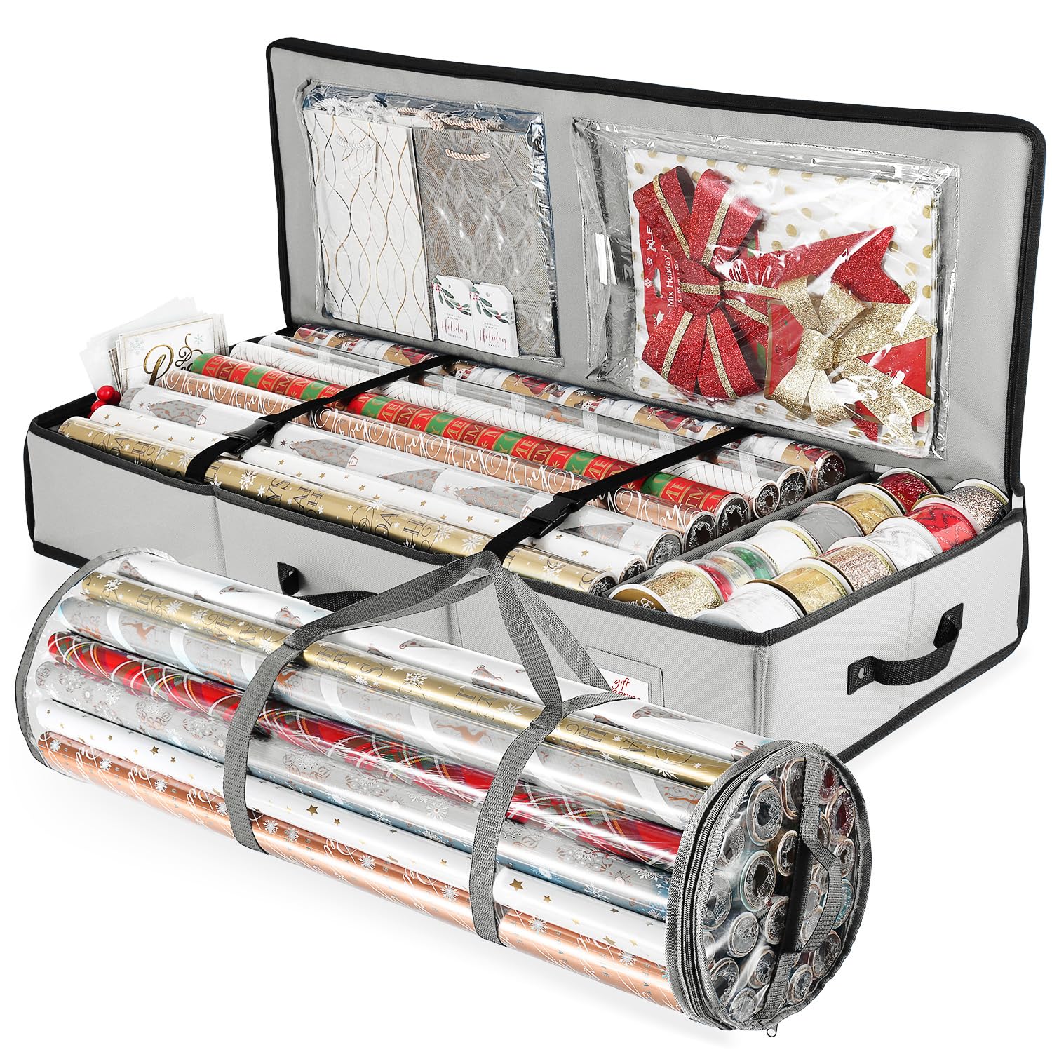 Hearth &amp; Harbor Wrapping Paper Storage Container and Clear Wrap Paper Holder - Christmas Storage Bag with Interior Pockets - Fits Up to 36 Rolls of 40" - Tear Proof, Silver