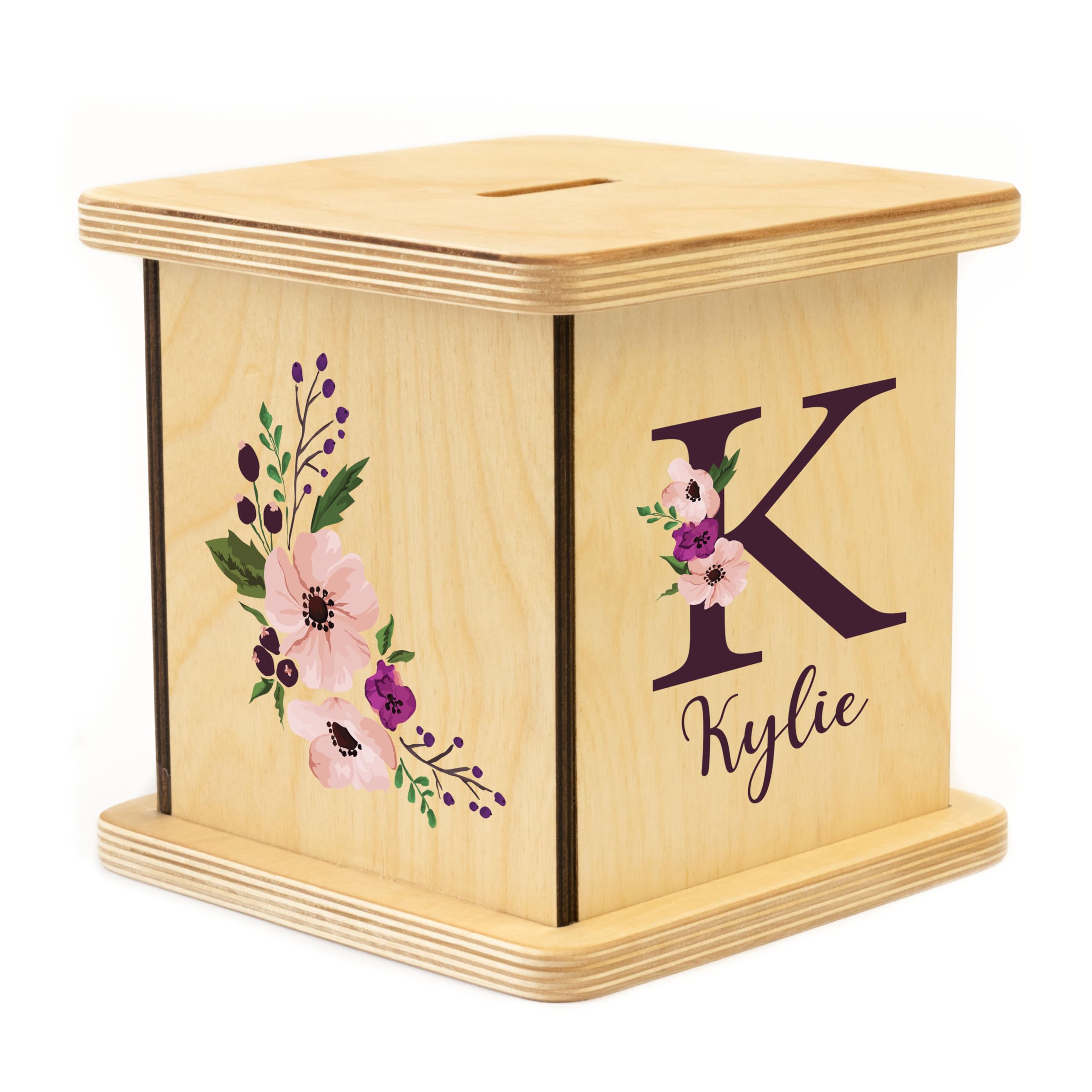 Wooden Piggy Bank for Kids and Adults, Personalized Gift Handmade in USA by BloomOwl, Custom Piggy Bank, Personalized Banks for Kids, Gifts for Baby Boys and Girls (Plum Floral)