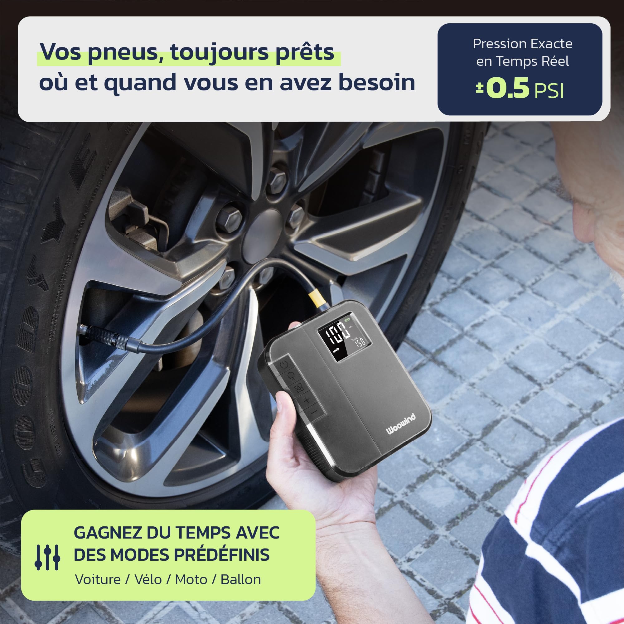 Woowind DP3 Gonfleur de Pneus Compresseur d'air Portable, 12V Pompe Pneu de Voiture et Pompe Air sans Fil pour Les Pneus de Voiture, Moto, Scooter, Dirtybike et Ball