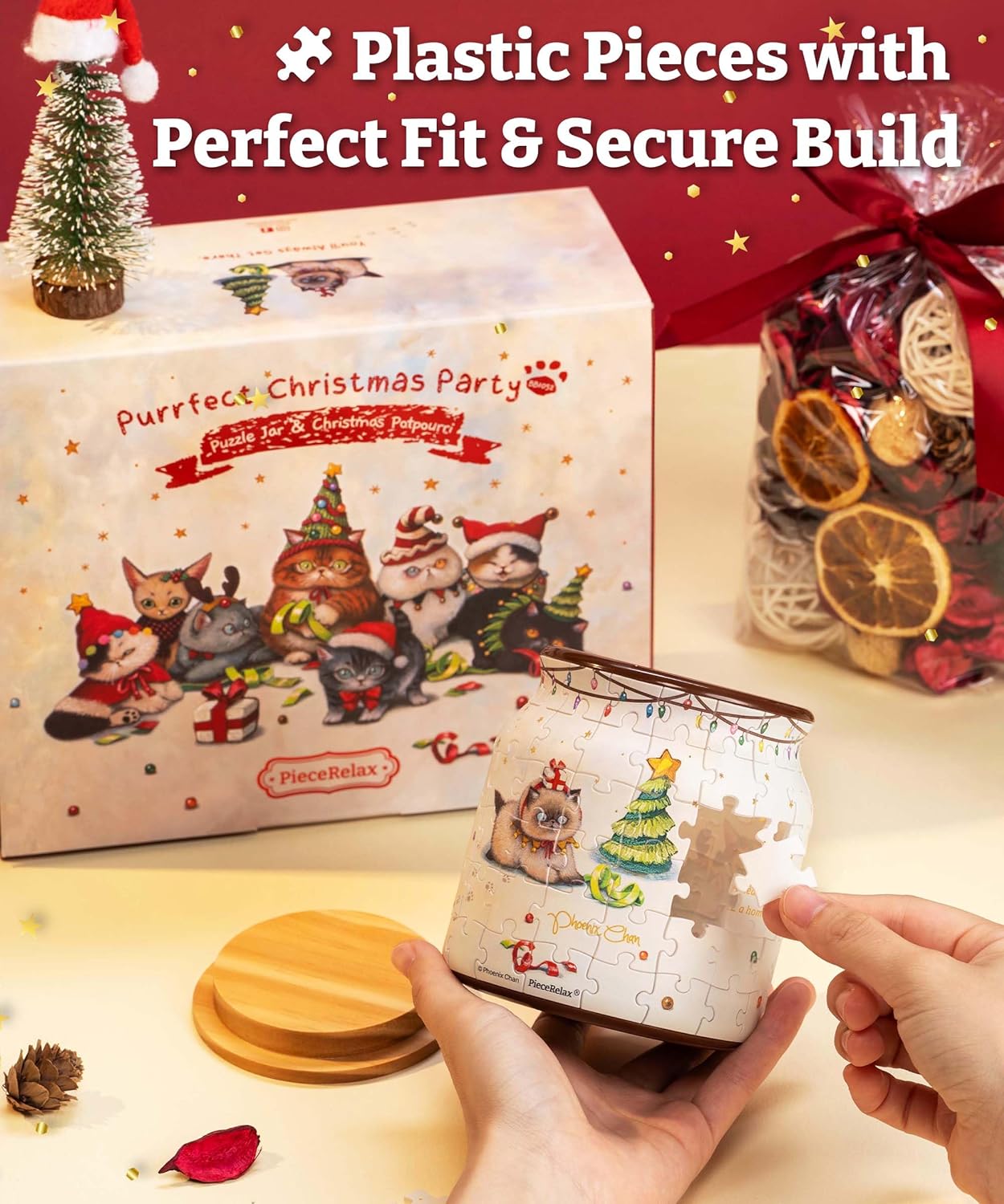 PieceRelax 3D Puzzle Jar 96 Plastic Pieces, Includes Dried Flowers - Phoenix Chan - Purrfect Christmas Party Use Includes Divider as a Pen or Utensil Holder with Wooden Lid [BB1052]