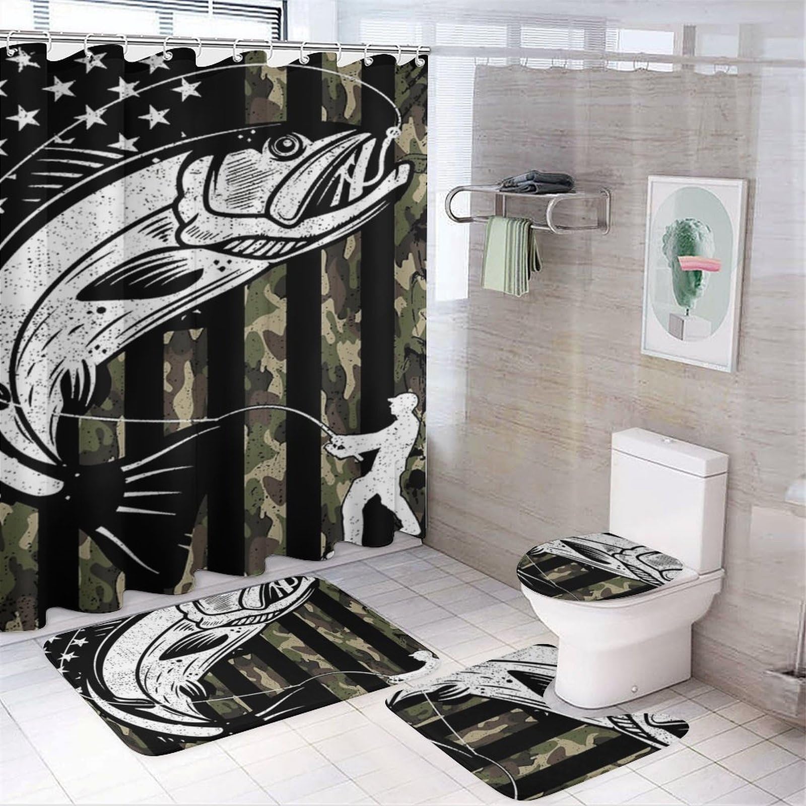 CGSBNGHA Americans-Flag Camouflage Bass Fishing Shower Curtain Set 4 Piece Bathroom Sets with Rugs Toilet Lid Cover And U-Shaped Floor Mat