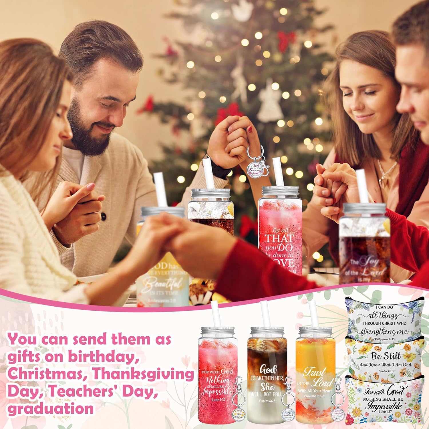 Skylety 36 Pcs Christian Gifts Sets Including 13.5 oz Inspirational Quotes Reusable Tumbler with Lid Straw Religious Makeup Bags Bible Verses Keychains, Inspirational Gift for Women Friend - Image 5