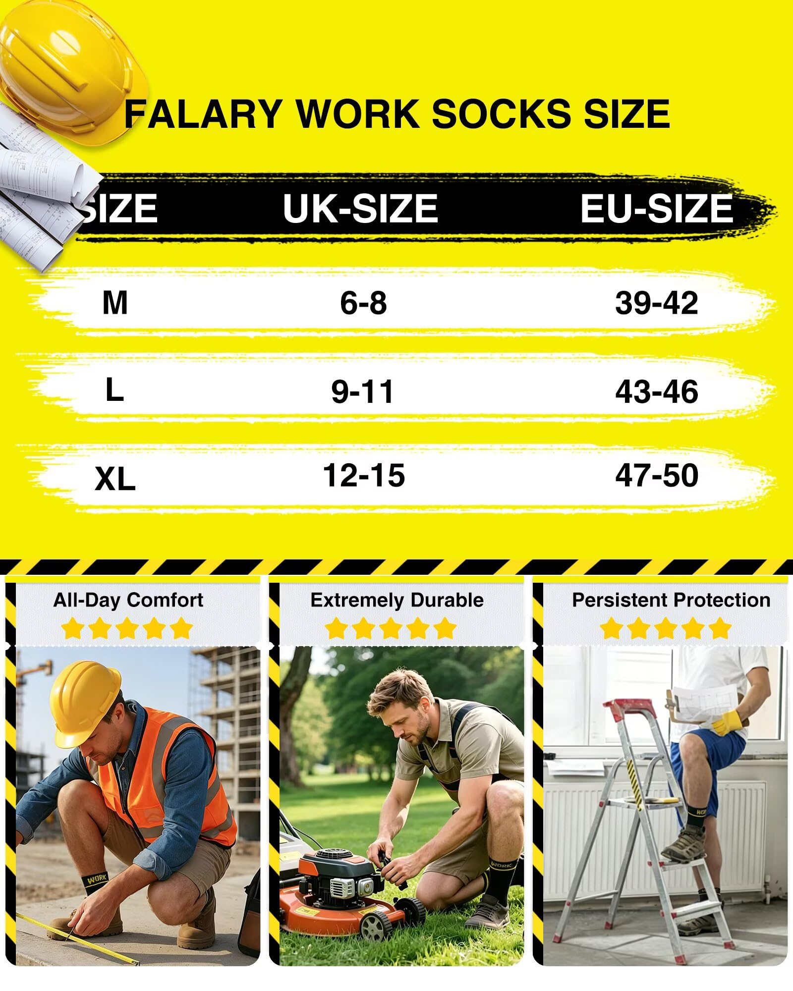 FALARY Bambù Calze da Lavoro Uomo (6 Paia) Calzini Spugna Neri Work Socks | 80% Bambù Fibre, Traspirante, Antibatterico, Adatto ai Lavoratori Manuali, Rinforzate Tallone e Punta, Durevole e Resistente