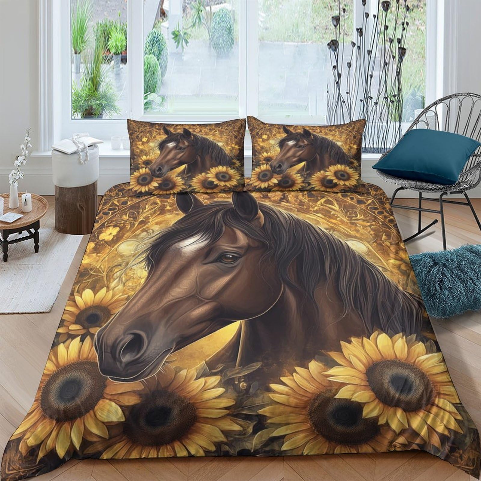 Ctjqhvkz Style-1 3D Printed Sunflower Horse Fitted Sheet Microfiber Soft Non Slip Bed Cover For Bedroom Guest Room Decor Machine Washable Single（135X200cm）