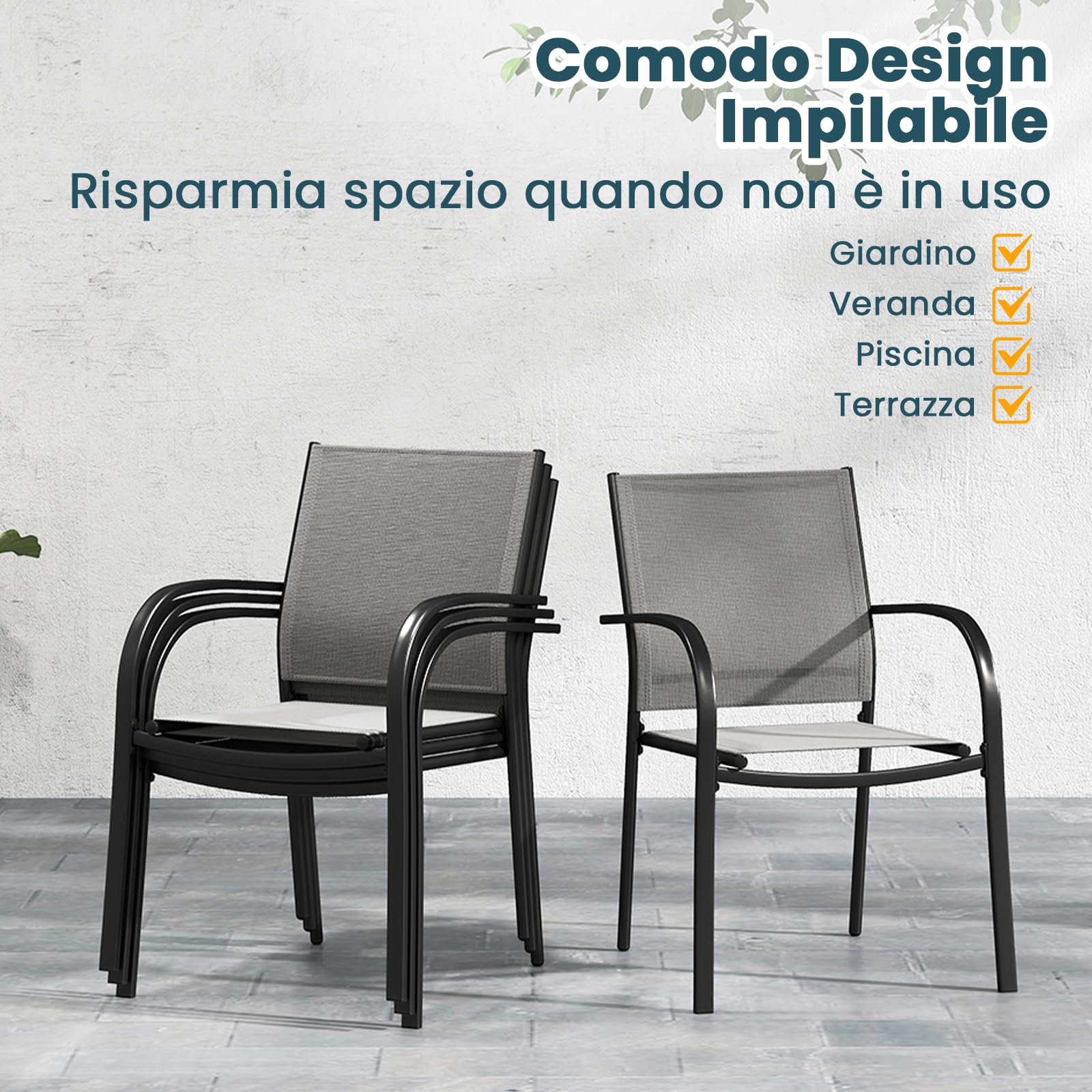 COSTWAY Set di 2 Sedie da Giardino Impilabili in Metallo | Poltrona da Esterno per Giardino Piscina Balcone, Seduta e Schienale Traspiranti, Portata 150 kg