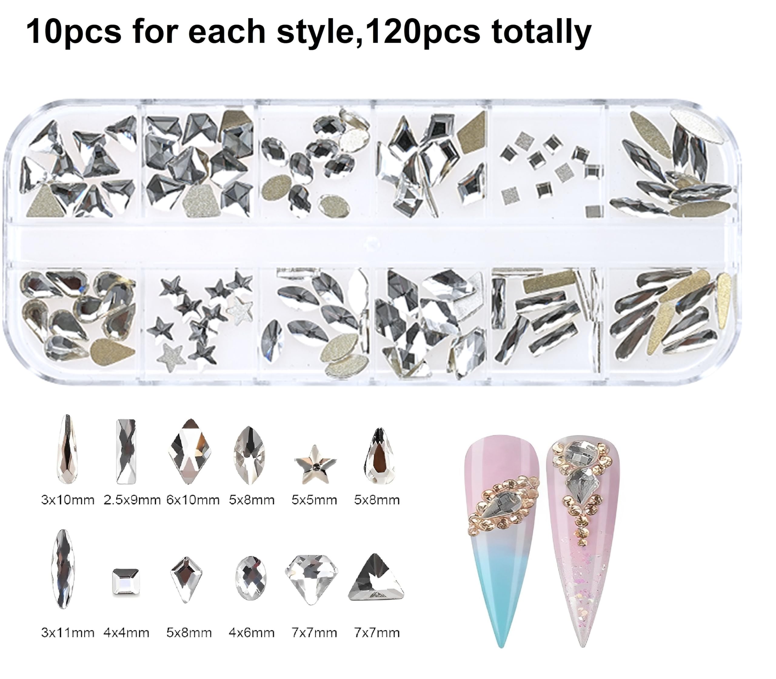 Lot de 1920 strass à dos plat en verre, pendentifs en cristal, diamants, pierres précieuses, pour nail art, différentes formes, cristal