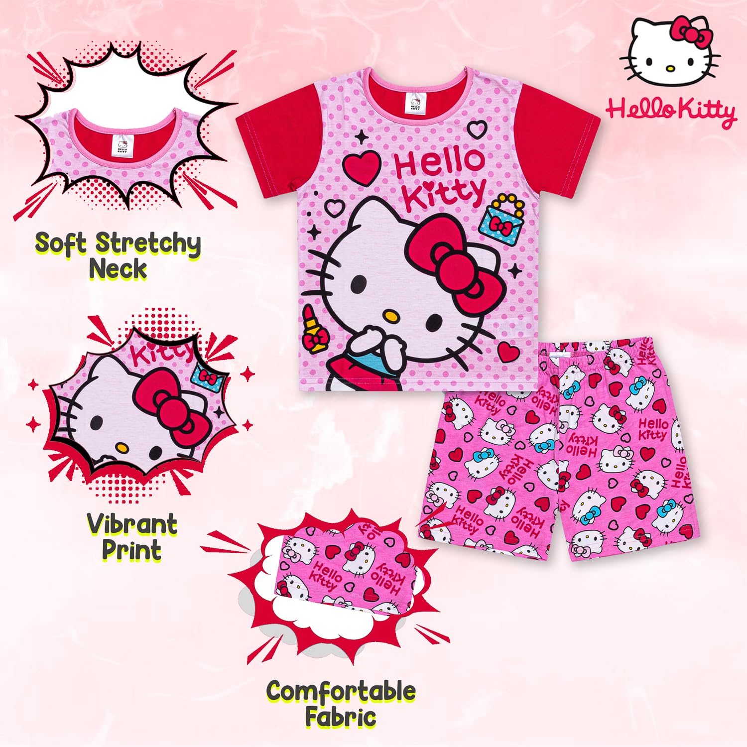 Hello Kitty Pyjama | Pyjama pour fille | Ensemble de pyjama pour filles | Vêtements de nuit officiels pour enfants de 4 à 14 ans