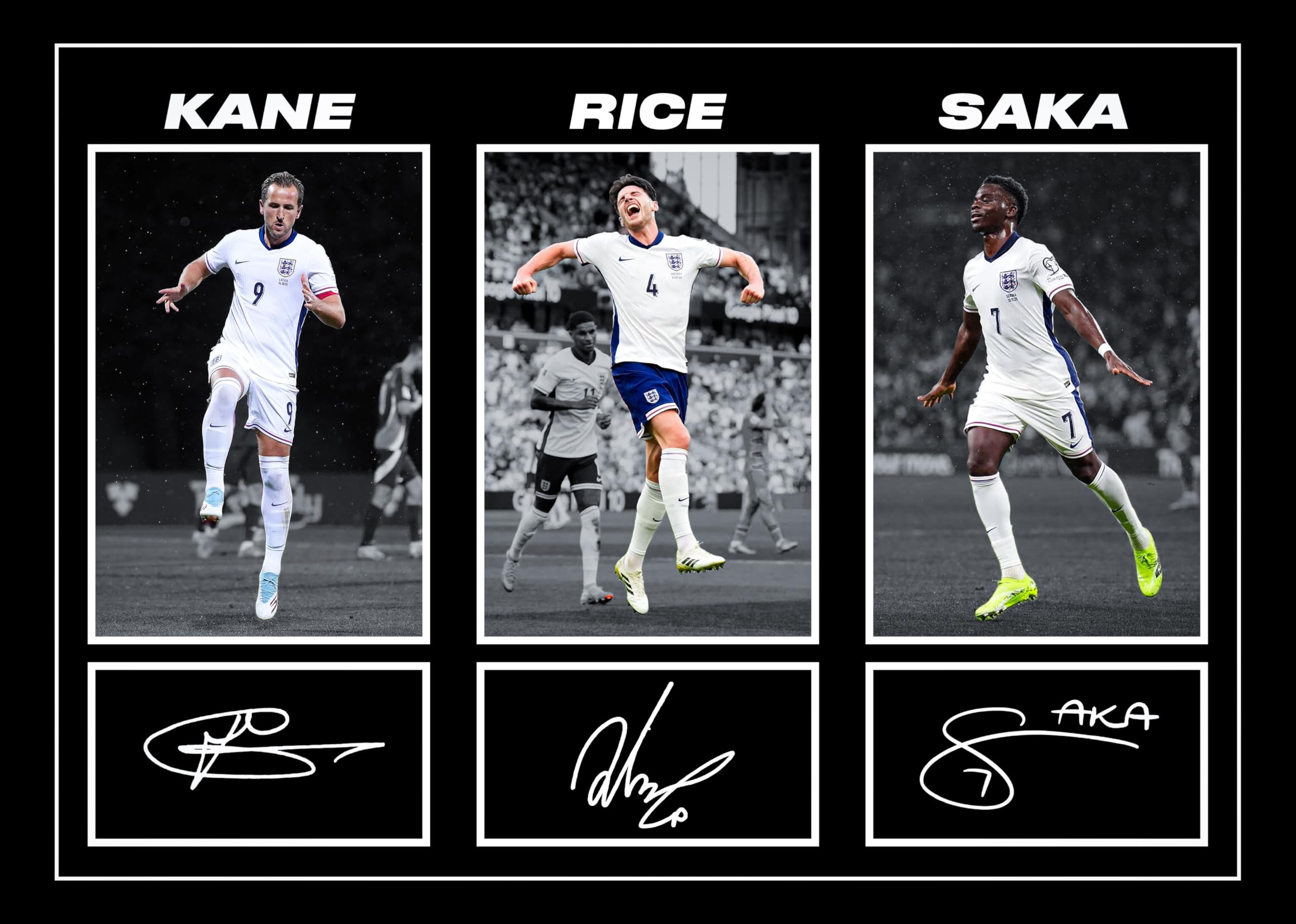 RJR PRINTS Harry Kane, Declan Rice & Bukayo Saka - England Football Players Signed A4 Montage Autograph Photo Print With Pre Printed Signatures That Would Make A Superb Gift For Any Fan.