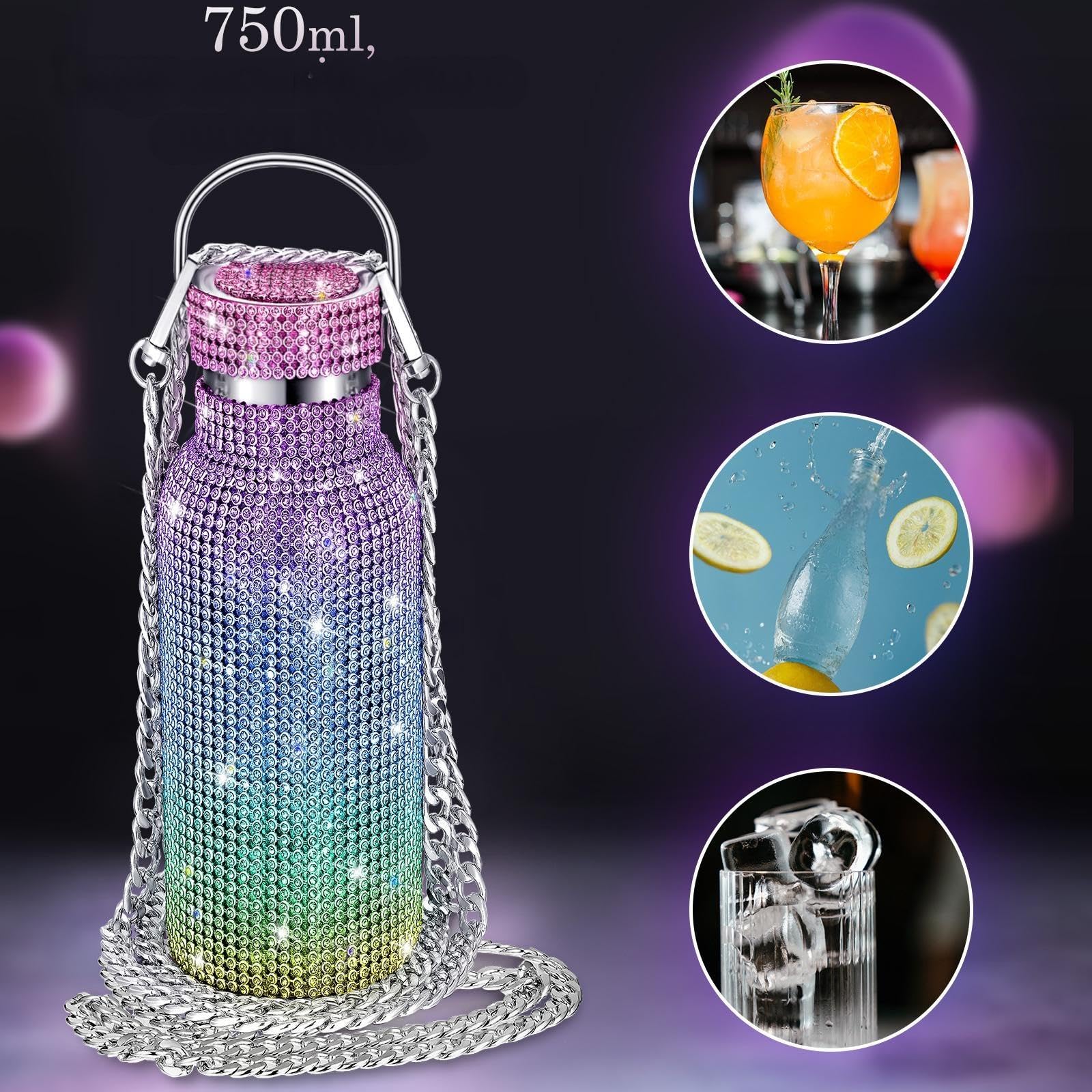 Diamond Bottle Isolierte Edelstahl Trinkflasche mit Strass, Wiederaufladbare Trinkflasche mit Kette für Frauen Mädchen Geschenk (Mehrfarbig, 750ml)