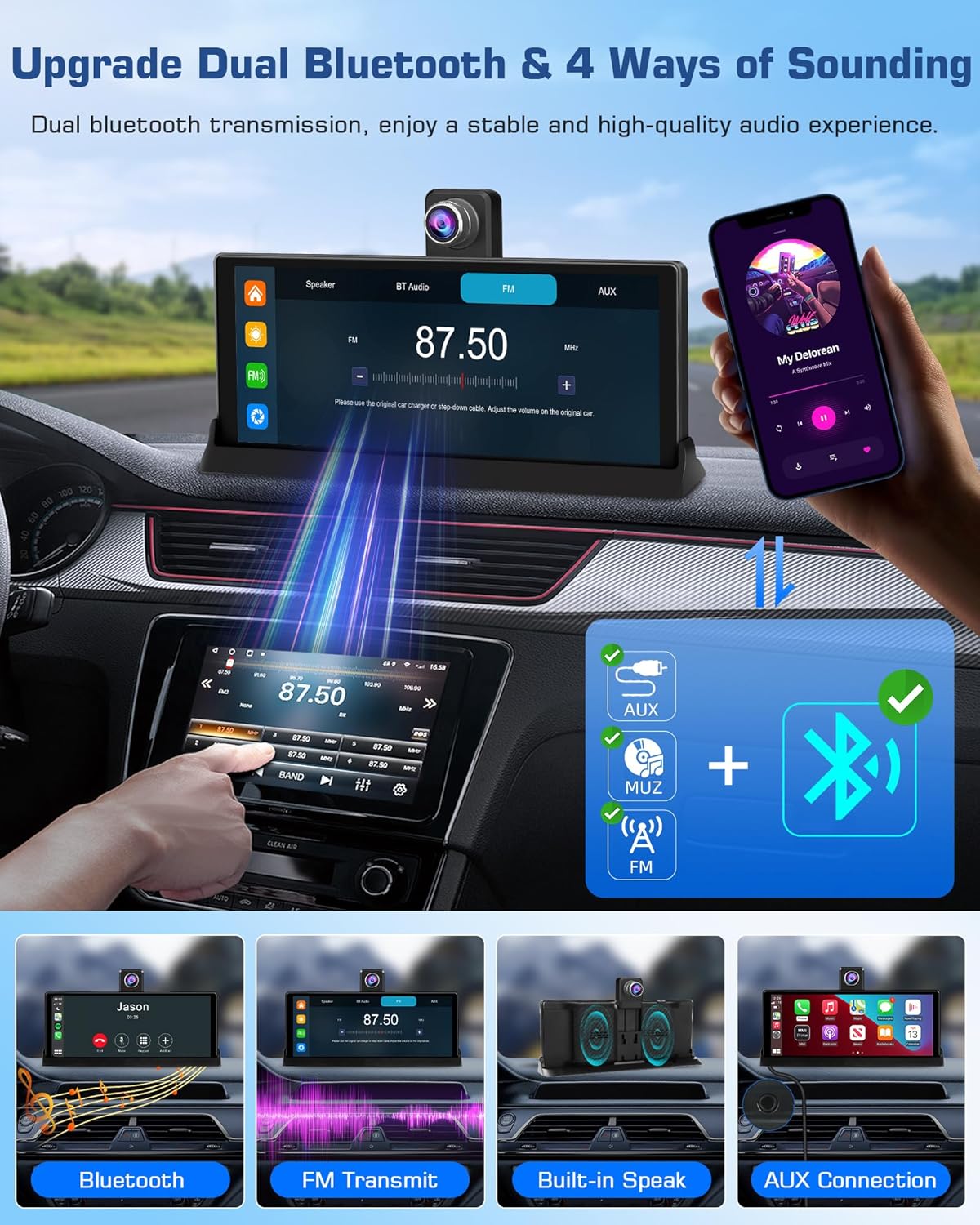 Jansite display showing dual Bluetooth and four ways of sounding: Bluetooth, FM Transmit, Built-in Speaker, and AUX Connection.