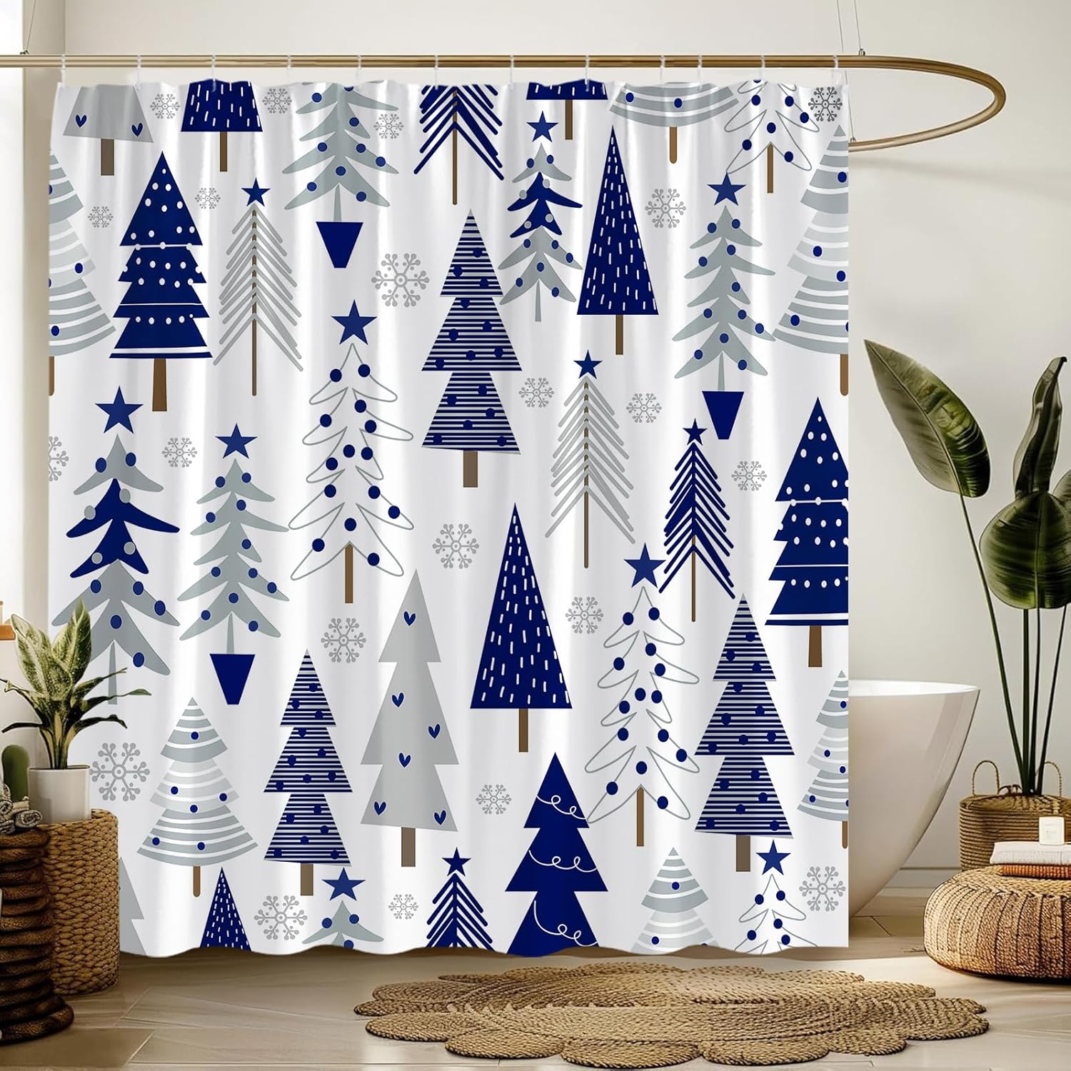 Merry Christmas Shower Curtain Colorful Xmas Tree Snowflake Blue Gray White Cartoon Rustic Farmhouse Vintage Winter Holiday Seasonal Festival Fabric Bathroom Decor Curtain with Hooks