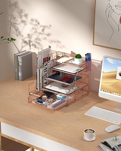 Miniatura 2 de Organizador de escritorio de oro rosa y almacenamiento de accesorios con bandeja de papel de 5 niveles, organizador de escritorio de malla con