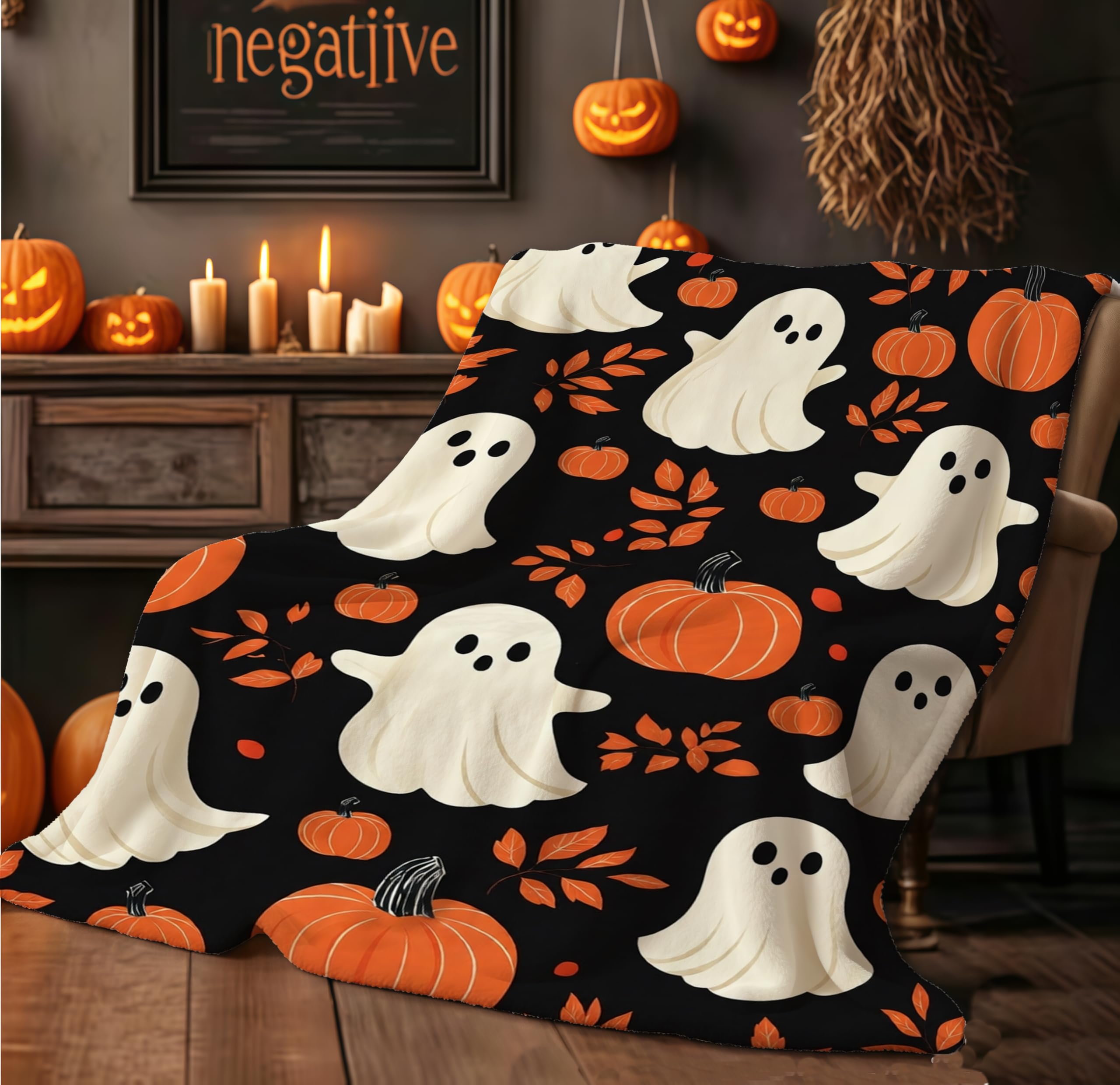 APPCRFM Halloween Throw Blanket 150x100cm - Reversible Soft Cozy Lantern Pumpkin Design - Spooky Horror Decor For Bed Sofa - Funny Scary Ambiance Gift (Orange6)
