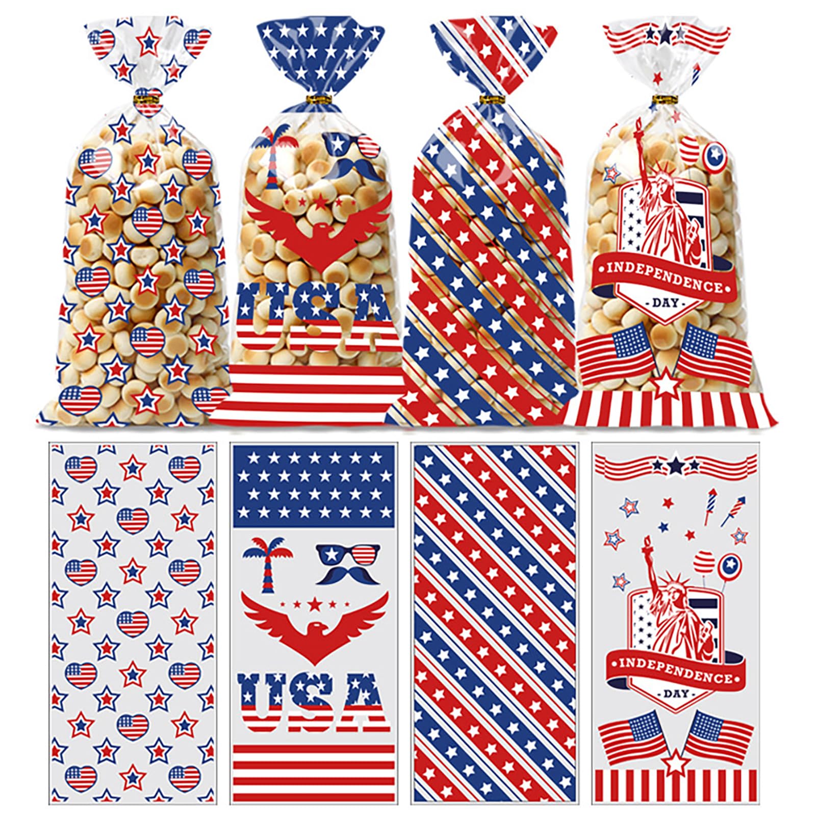 Totelux 4th of July Cellophane Goodie Bags Clear Plastic Bag Star USA Flag Treat Bags with Ties for Cookies Candy Gift Wrapping Independence Day Party