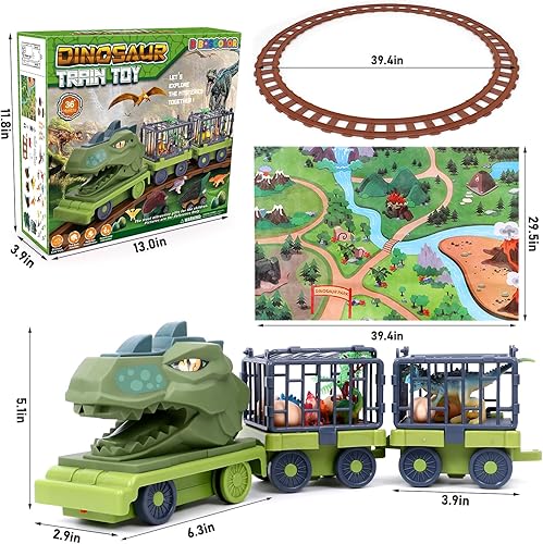 Miniatura 7 de Juego de tren de dinosaurios para niños, juguete de tren de dinosaurio con locomotora eléctrica y pista, 3 autos de tracción, huevos de dinosaurio,