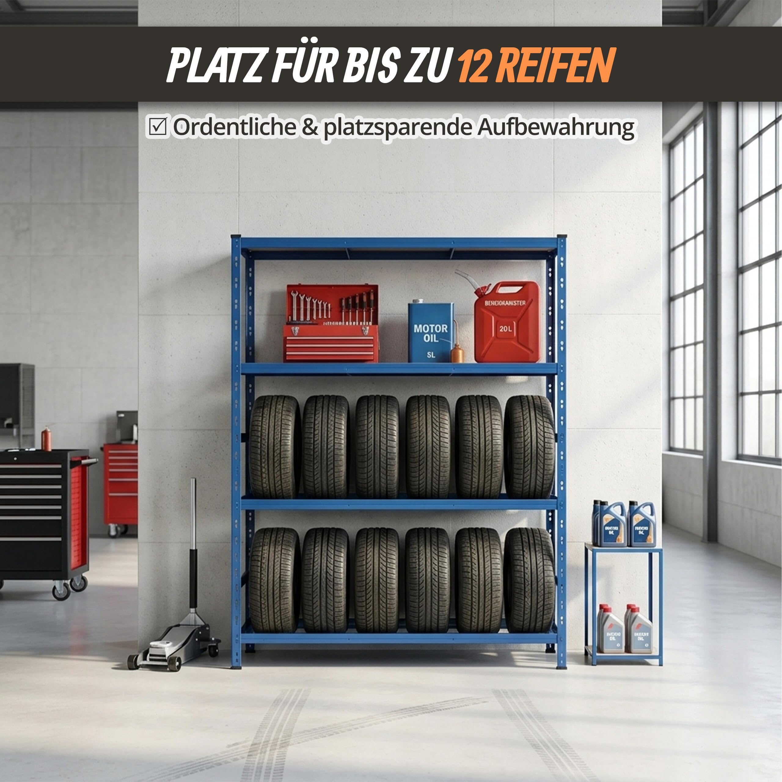 Relaxdays Reifenregal für 12 Reifen, HxBxT 180 x 120 x 40 cm, 600 kg, Stahl, Stecksystem, Reifenlager Werkstatt, blau